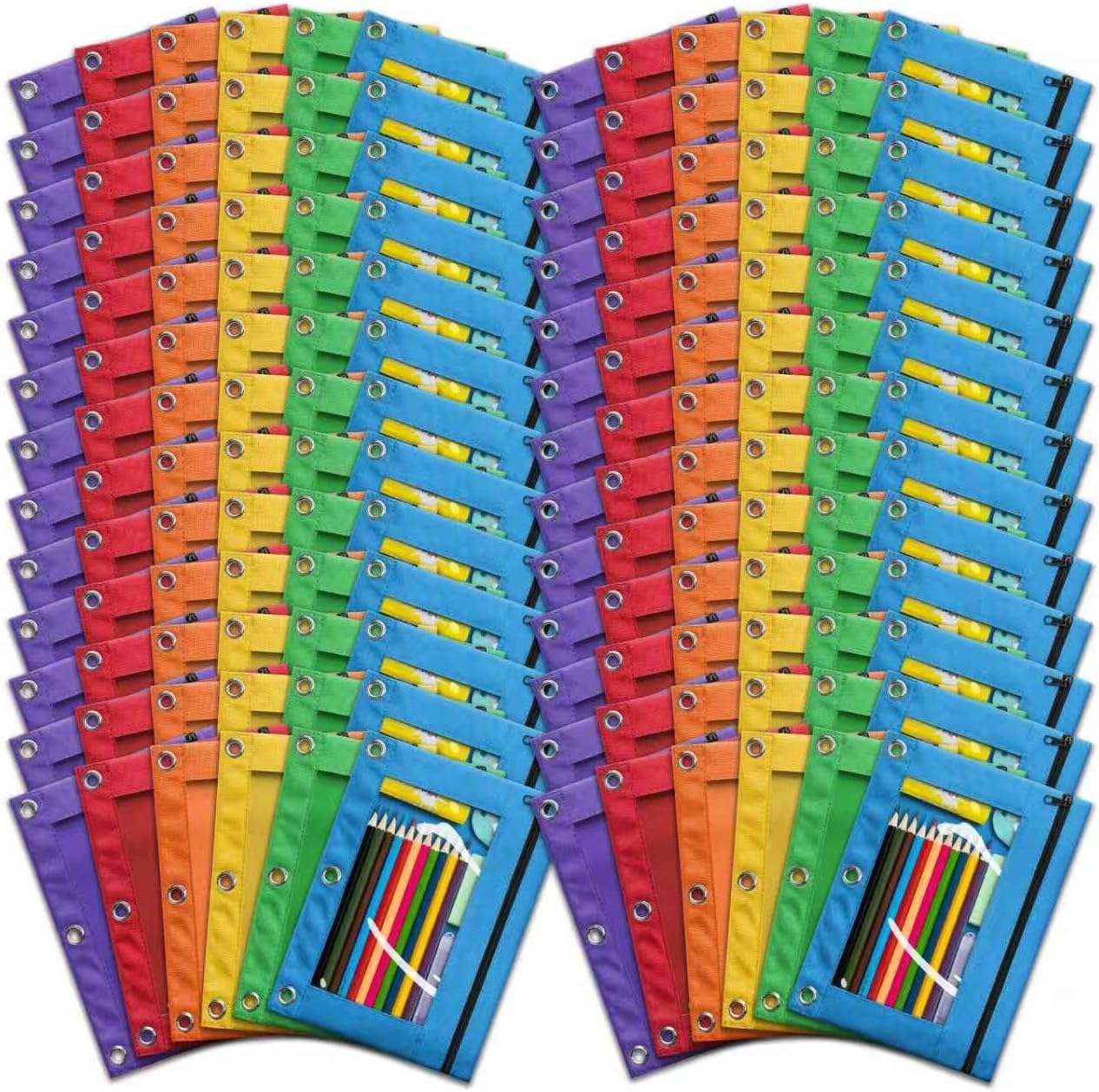 Jumlys 102 Packs Pencil Pouch for 3 Ring Binder, Bulk 3-Holes Zipper Pencil Pouches in Assorted Colors, Sturdy and Durable Cloth Pencil Case with Clear Window for Office School College Supplies