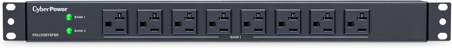 CyberPower PDU30BT8F8R Basic PDU, 100 – 125V/30A (Derated to 24A), 16 Outlets, 12 Foot Power Cord, 1U Rackmount