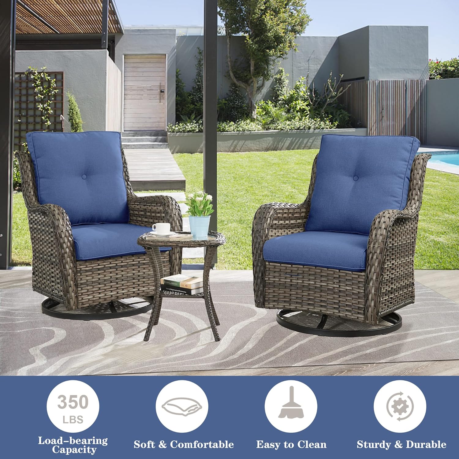 Belord 5 Piece Wicker Patio Furniture Set, Outdoor Swivel Rocker Chairs Set of 2 with Ottomans and Side Table, All Weather Patio Conversation Furniture Set, for Porch Pool, Gray Wicker/Blue