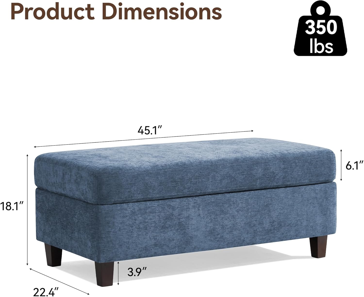 45 Inch Large Storage Ottoman Bench with Wooden Tray Coffee Table, Blue Chenille Upholstered Foot Rest, Multifunctional Foot Stool Ottoman for Living Room, Bedroom & Entryway, Solid Wood Legs