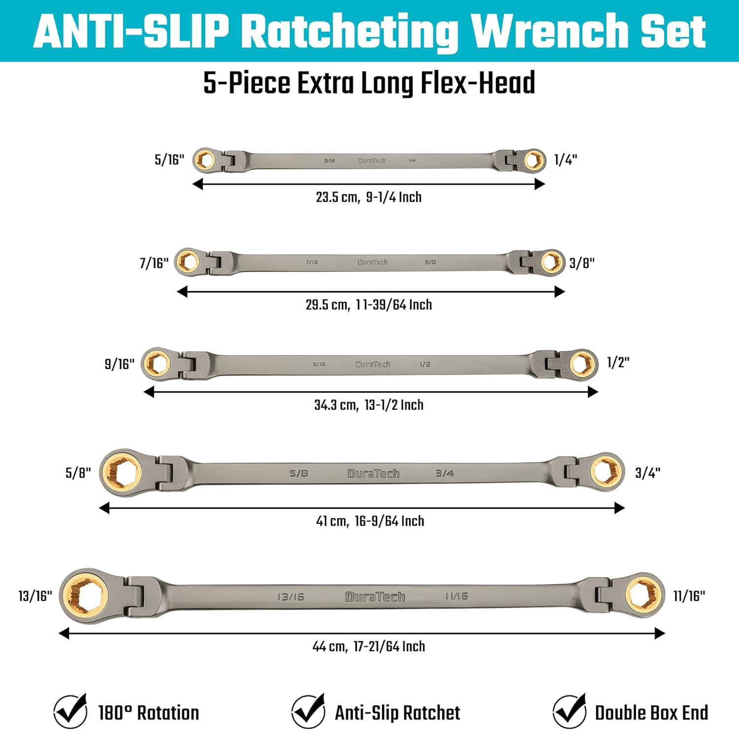 DURATECH Extra Long Anti-Slip Ratcheting Wrench Set, Double Box End Wrench Set, 5-Piece, SAE, 1/4 