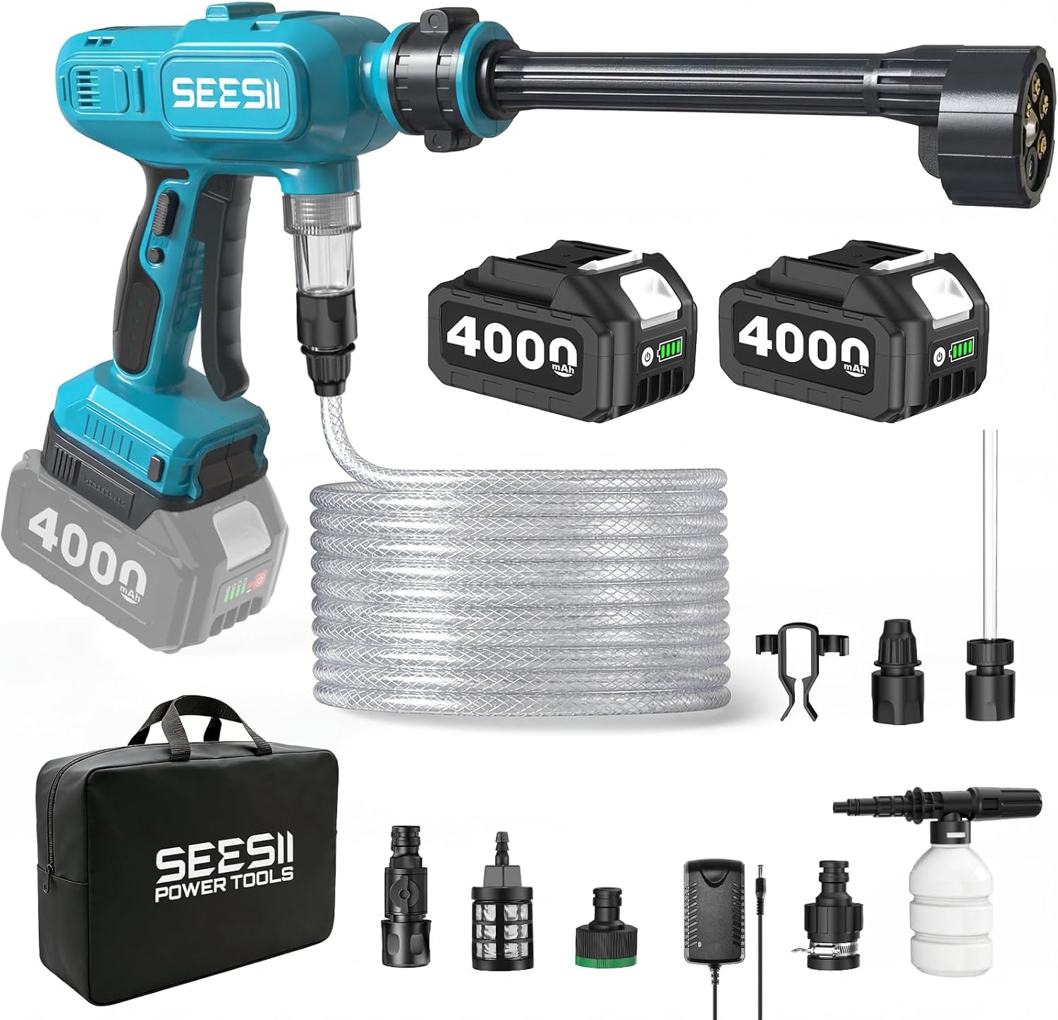 SEESII Cordless Portable Washer, Electric Power Washer with 2x4000mAh Batteries, Lightweight Washer Gun with 6-in-1 Nozzle & 27FT Hose, Handheld Power Cleaner for Car, Driveway, Garden, Patio & Fence
