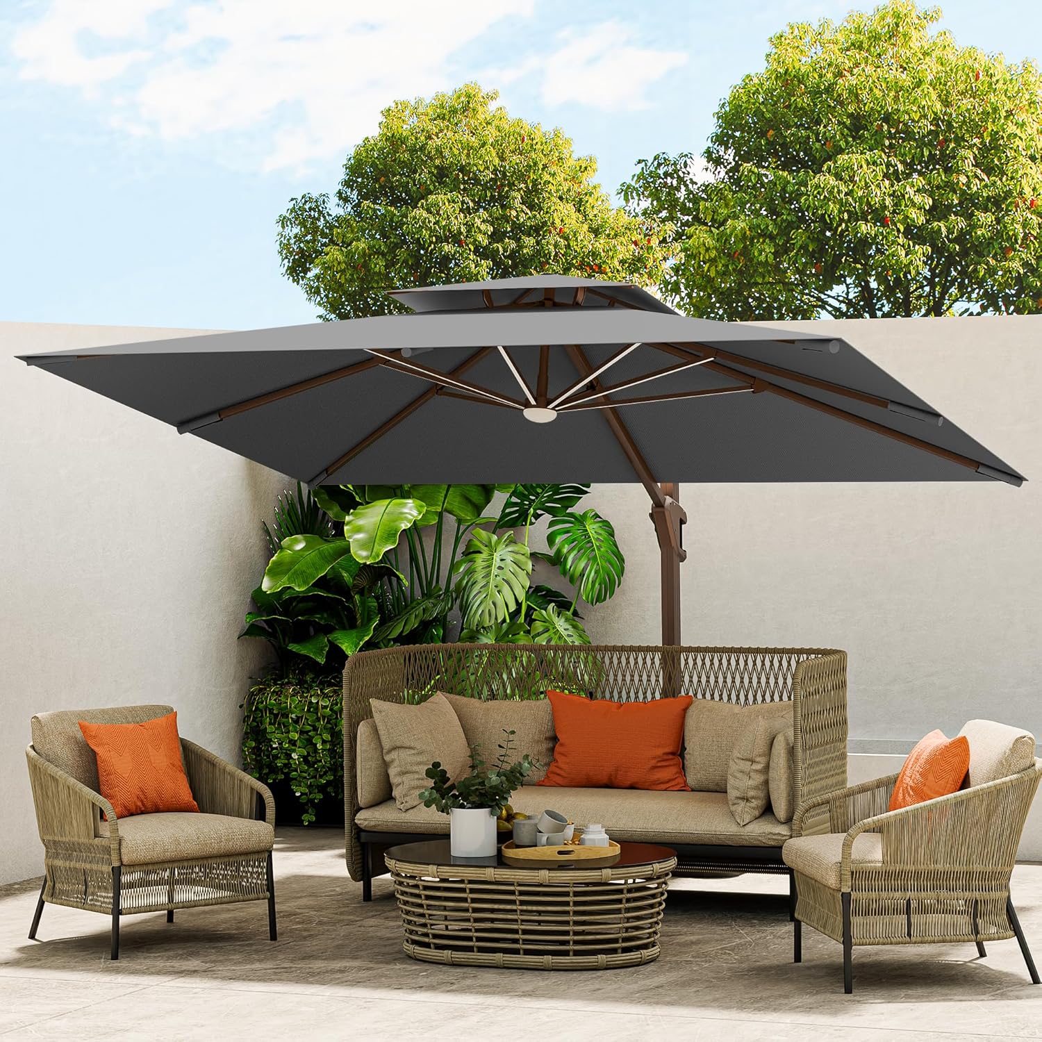 10 X 13 FT Cantilever Outdoor Patio Umbrella with LED Lights Large Heavy Duty 360° Rotation Double Top Offset Rectangular Umbrellas for Backyard Garden Pool Outside Deck, Grey