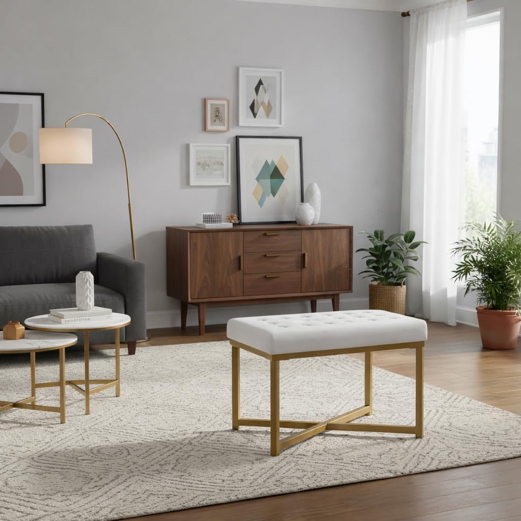 Homepop Home Decor | Upholstered Tufted Velvet Ottoman Bench | Ottoman Bench for Living Room & Bedroom, White