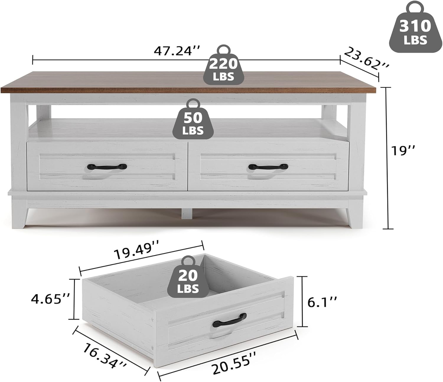 IDEALHOUSE Farmhouse Coffee Table with Drawers, 47.2” Rustic Center Table with Open Shelf and 6 Support Legs, Large Living Room Table with Storage