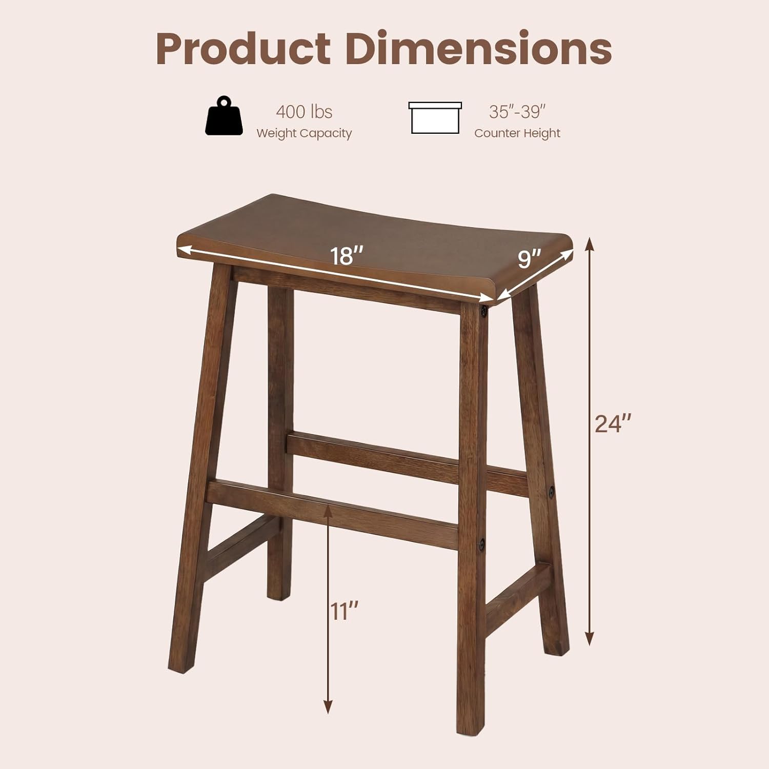COSTWAY Solid Wood Saddle Stools Set of 4, 24-inch Height Backless Counter Chairs with Footrests, Mid-Century Modern Wooden Barstools for Kitchen Island Dining Room Pub Bistro Bar, Brown