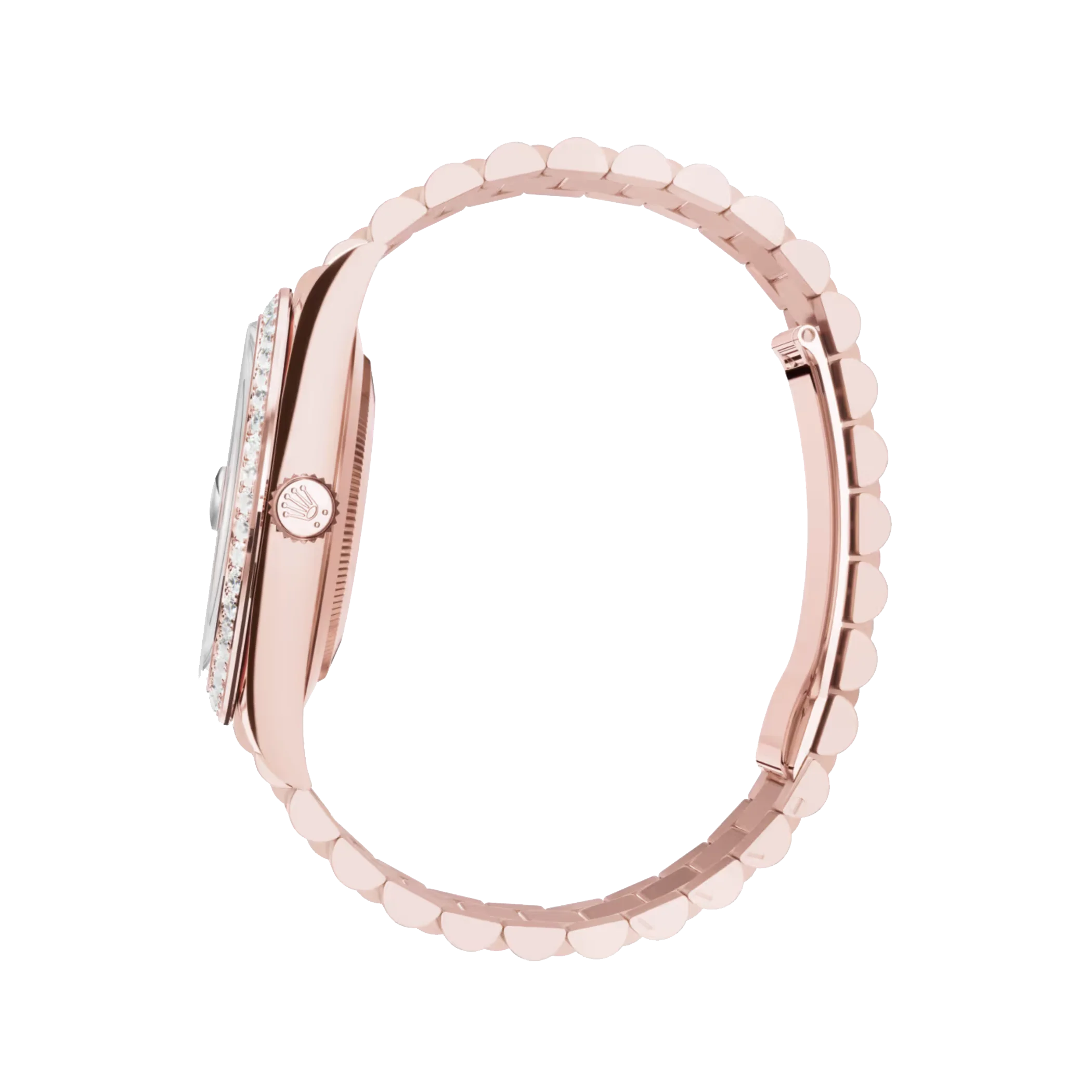 Day-Date: 36 Everose gold, white mother-of-pearl, diamond-set dial, fluted bezel, President bracelet, m128235-0029