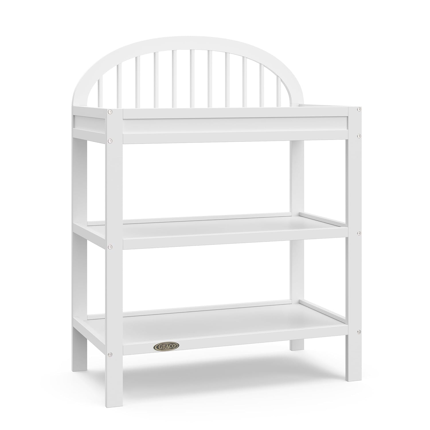 Graco Olivia Changing Table with Water-Resistant Changing Pad (White) - GREENGUARD Gold Certified, Includes Bonus Water-Resistant Changing Pad with Safety Strap, 2 Open Shelves, Stylish Design