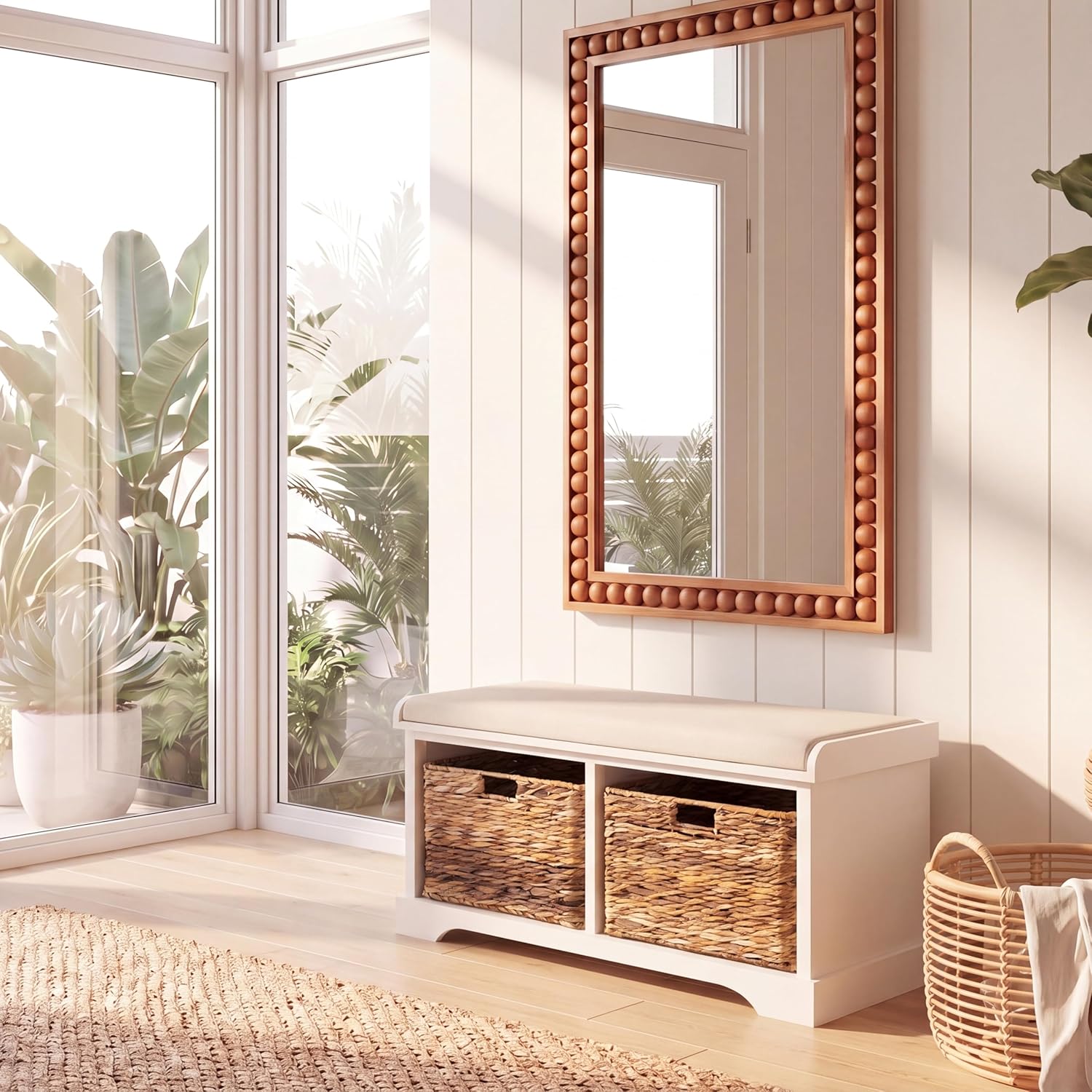 SAFAVIEH Furniture - Freddy 2-Basket Storage Bench - Vintage White - Solid Wood - Coastal Basket Storage Design - Ideal for Entryway, Living Room, Hallway, 18