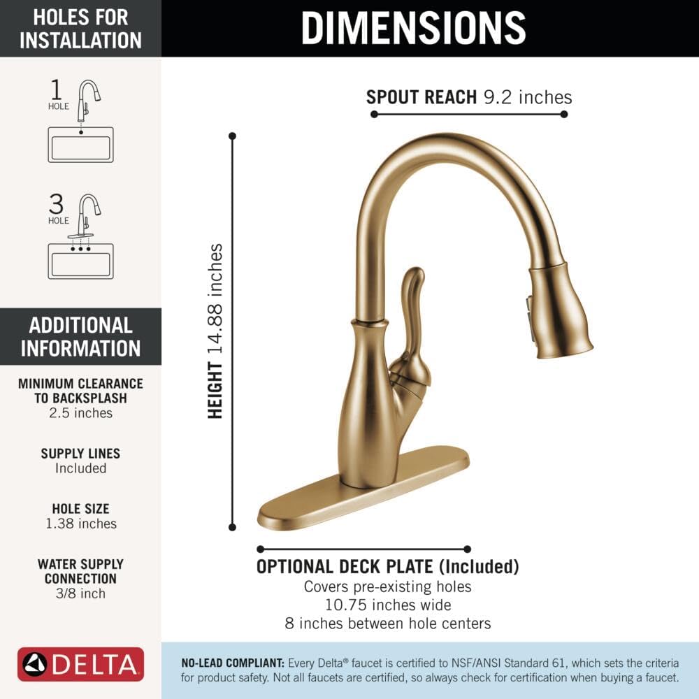 Delta Leland Brushed Gold Kitchen Faucet with Pull Down Sprayer, Traditional Single Hole Kitchen Sink Faucet, Single Handle, Champagne Bronze 9178-CZ-DST