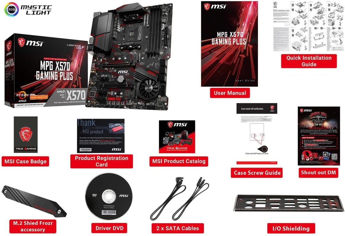 MSI MPG X570 Gaming Plus Motherboard (AMD AM4, PCIe 4.0, DDR4, SATA 6Gb/s, M.2, USB 3.2 Gen 2, HDMI, ATX)