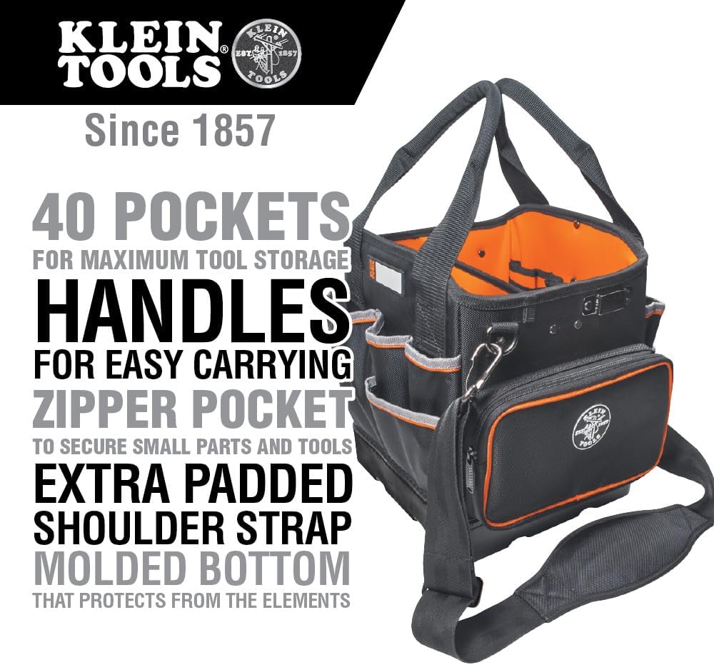 Klein Tools 5541610-14 Tool Bag with Shoulder Strap Has 40 Pockets for Tool Storage and Orange Interior