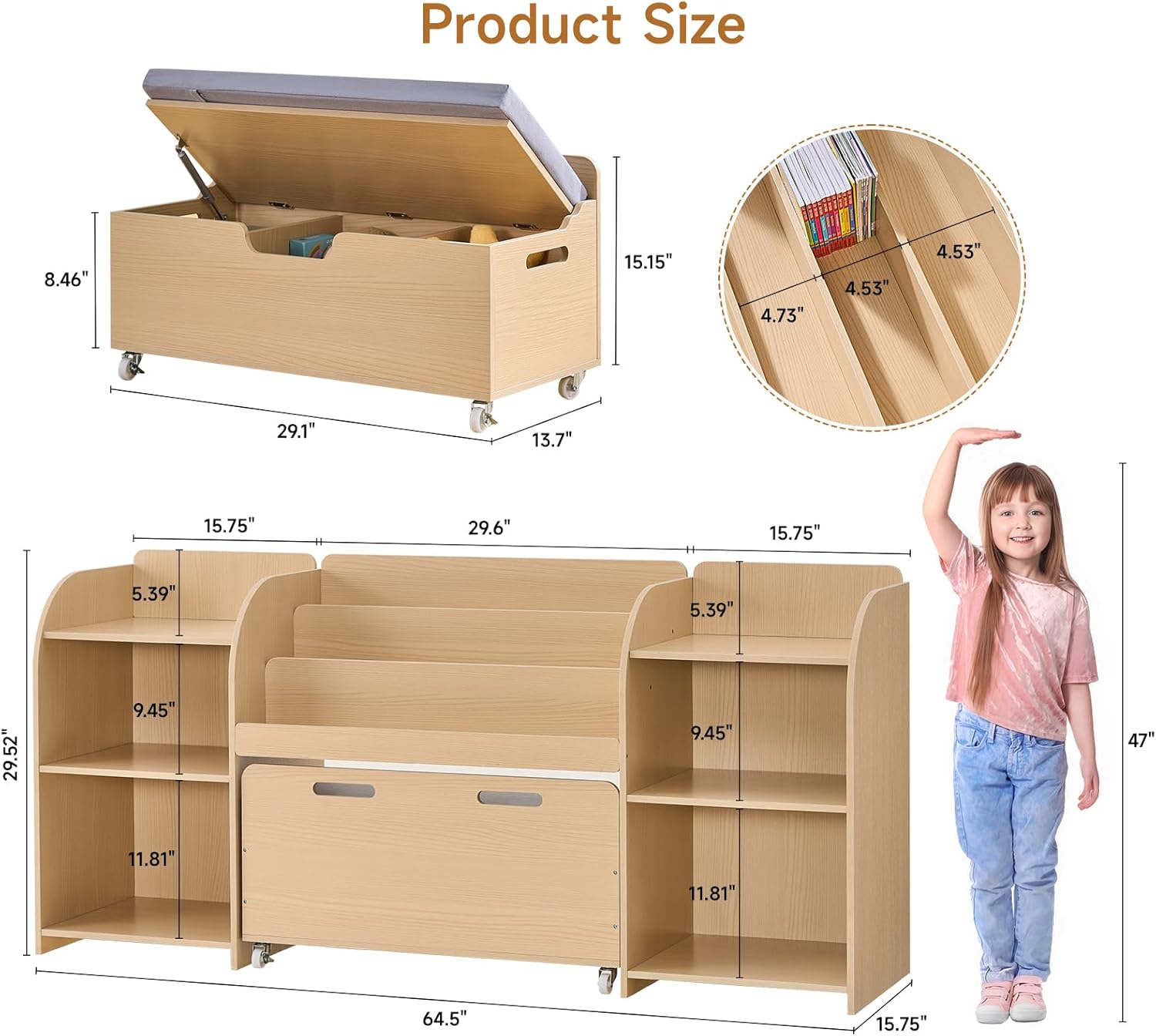 ONBRILL Kids Bookshelf with Reading Nook, 64.5