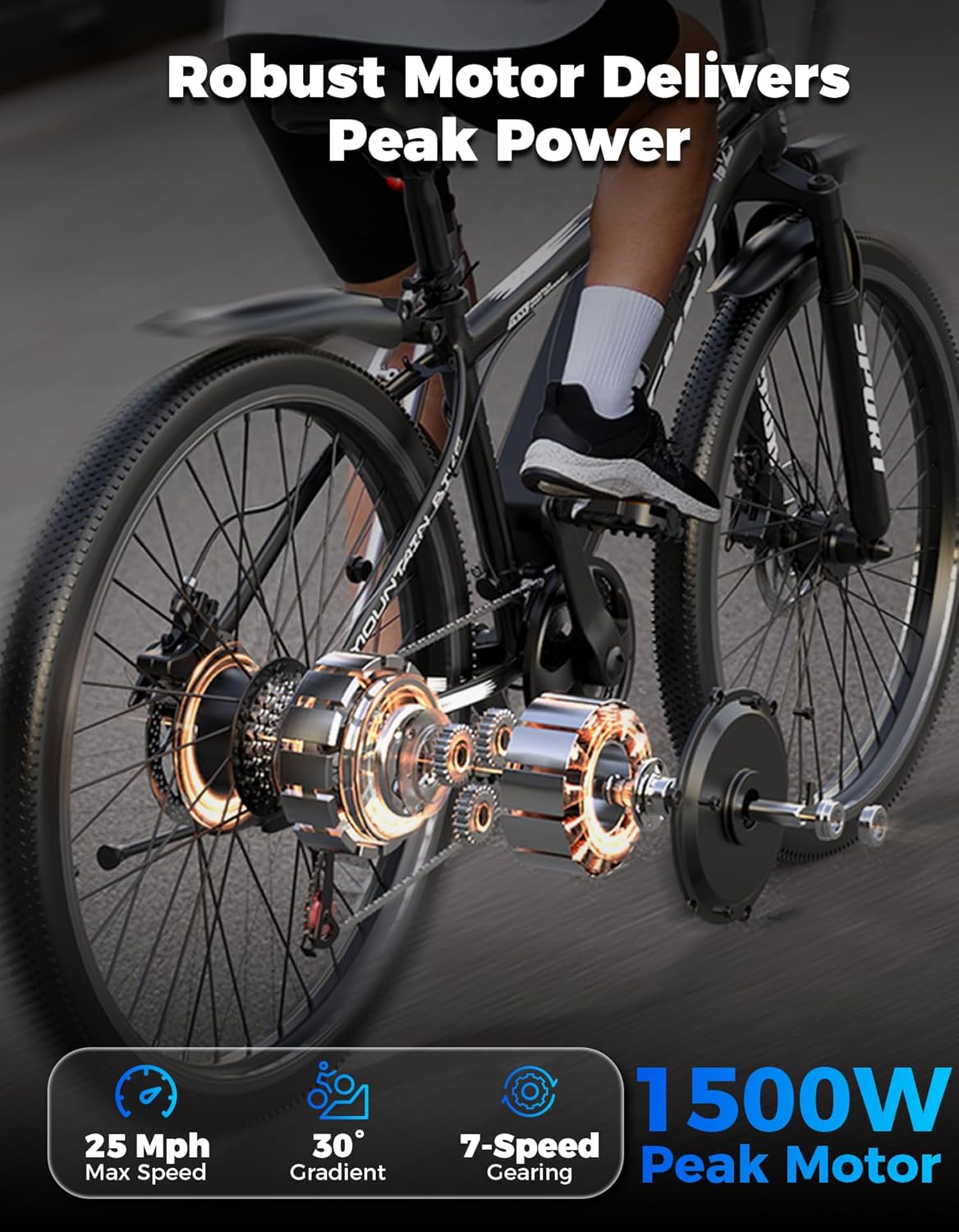ASKGO Electric Bike for Adults, 1500W Peak Mountain Ebike with 25 MPH, 65 Miles Range, 7 Speeds, 48V 10.4Ah Removable Battery Ebike, 26