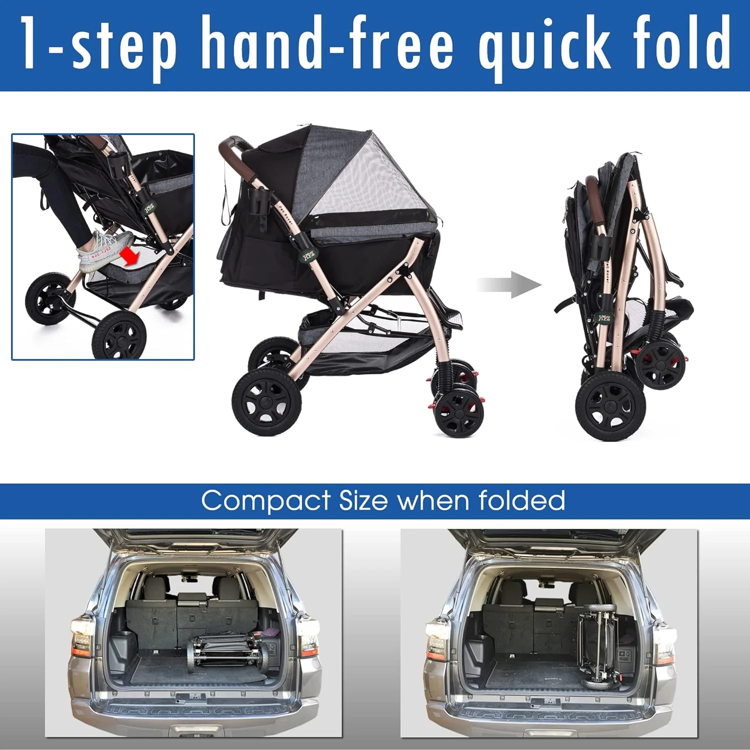 Pet Rover Premium Heavy Duty DogCat Stroller Travel Carriage CompartmentZipperless EntryPump-Free Rubber Tires Small, Medium, Large Pets (Black 2nd-Gen.), X-Large (Pack of 1)