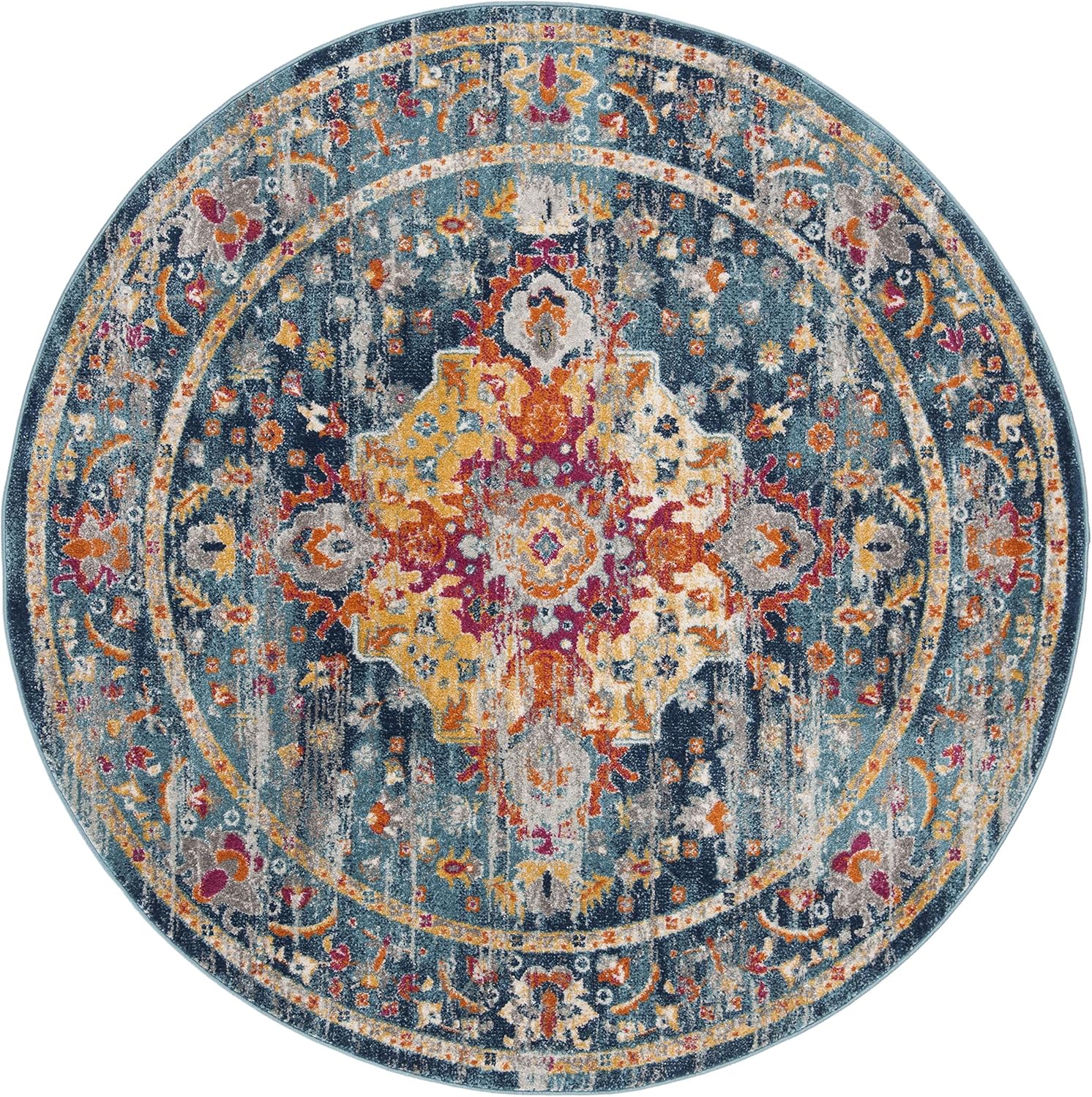 SAFAVIEH Madison Collection Area Rug - 9' Round, Teal & Fuchsia, Boho Design, Non-Shedding & Easy Care, Ideal for High Traffic Areas in Living Room, Bedroom, Dining (MAD154L-9R)