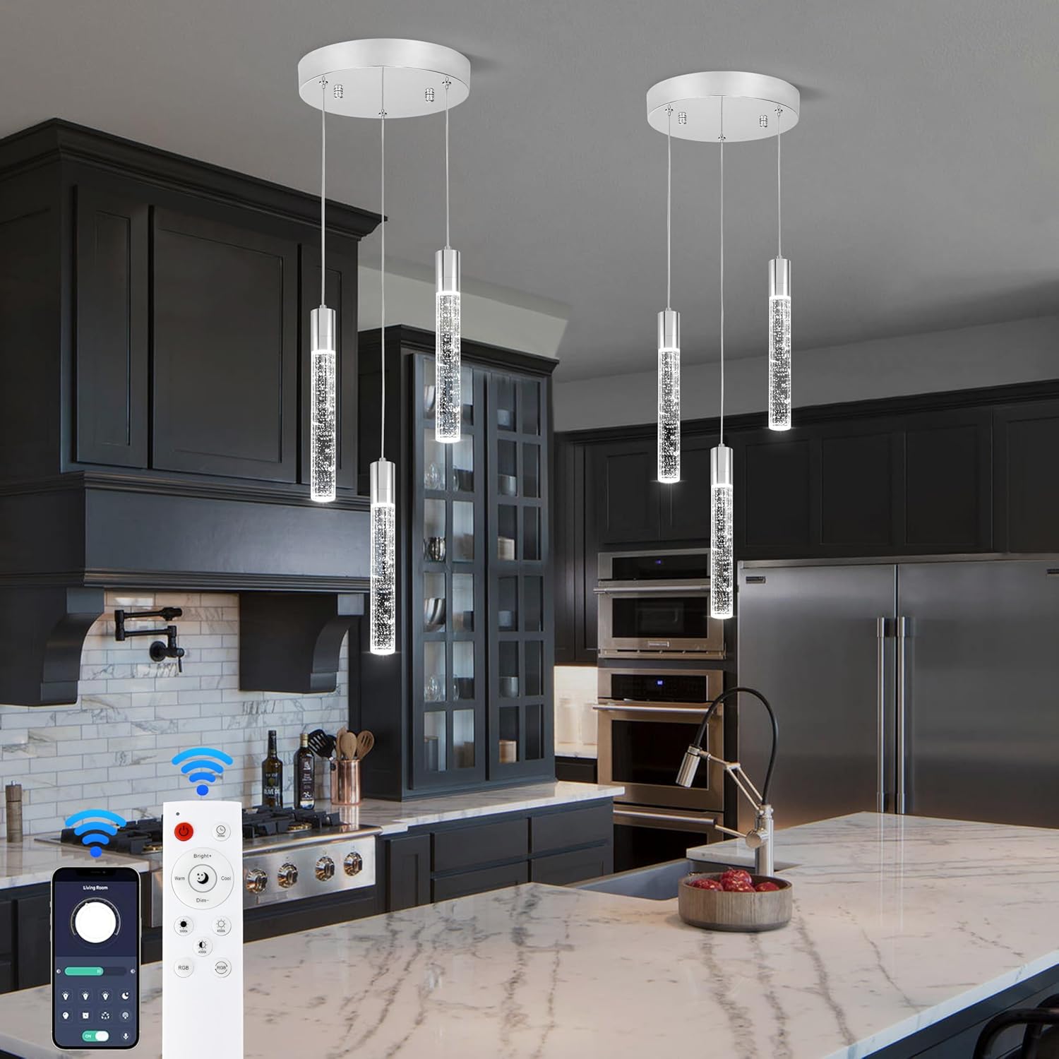 3 Light Pendant Lights Kitchen Island,Modern LED Bubble Crystal Pendants with Dimmable 3000K-6000K Ceiling Hanging Light Fixture for Dining Room Bedroom,Chrome Finish,Adjustable Height 59