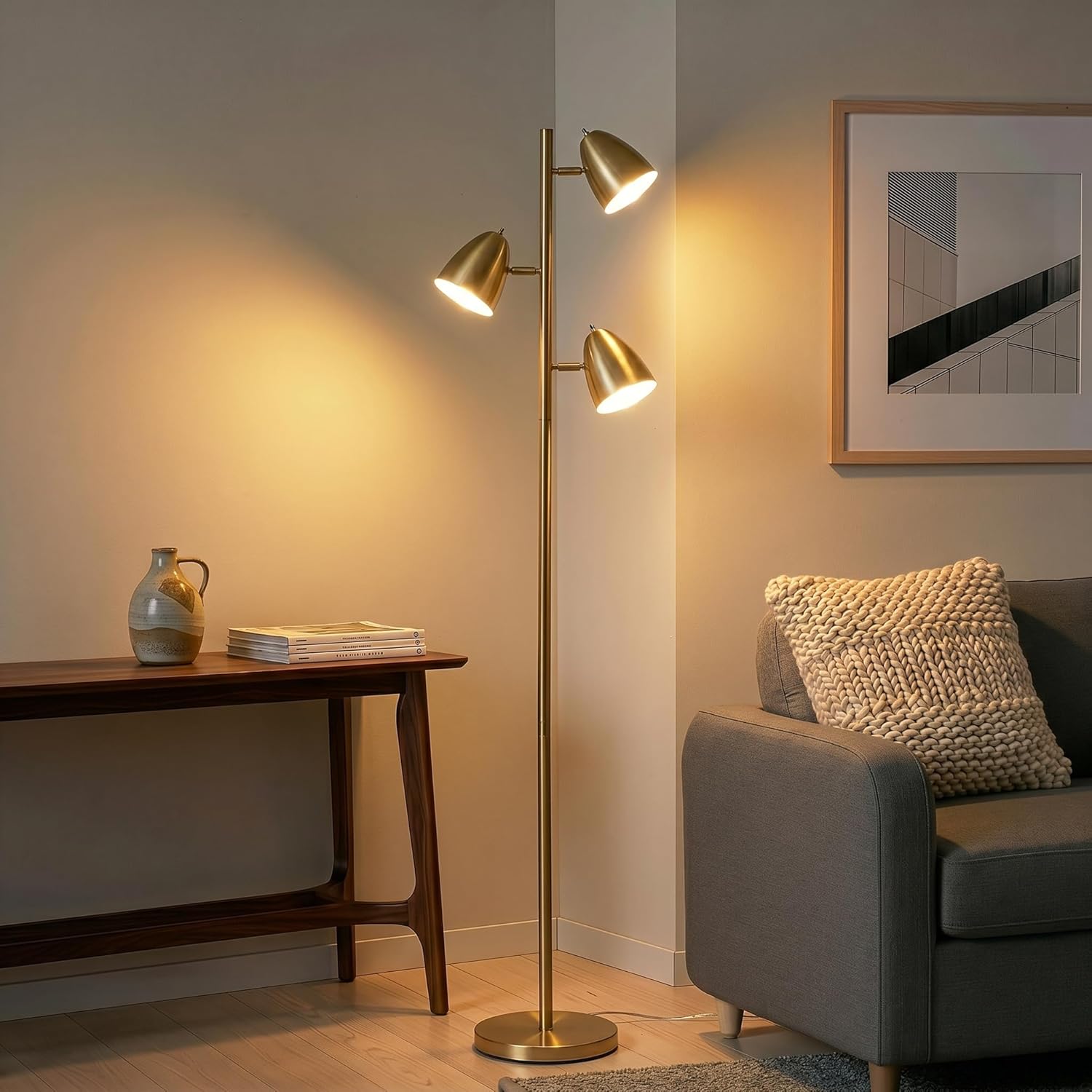Brightech Jacob LED Standing Lamp, Modern Bright Floor Lamps for Living Rooms & Bedrooms, Tall LED Lighting Lamp with Adjustable 3 Light Tree – Antique Brass/Gold