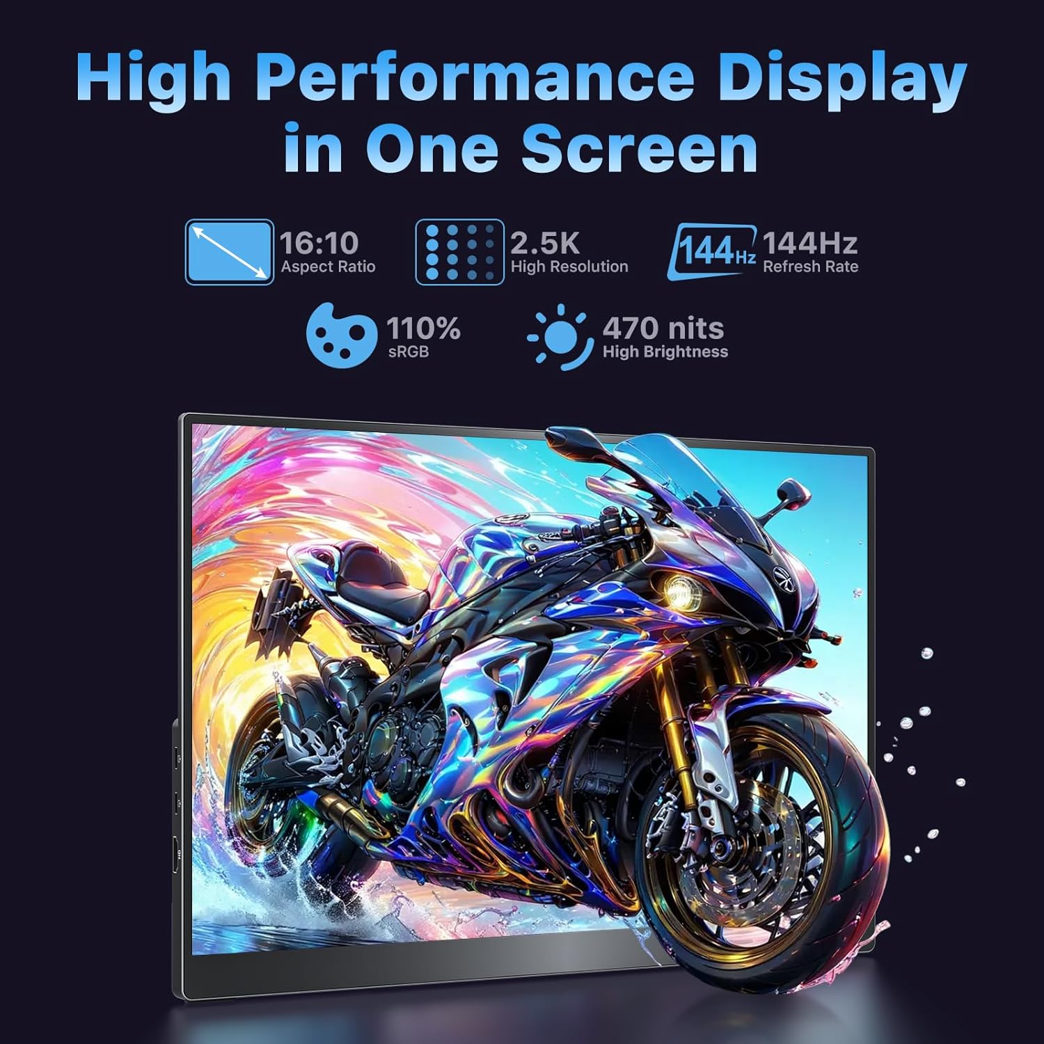 VisionOwl Portable Monitor 16 Inch 2.5K QHD 144Hz 16:10 Second Screen, USB-C HDMI HDR Travel Monitor for Laptop PC MacBook PS5 Xbox, VESA Mountable, with Speakers, Built-in Kickstand
