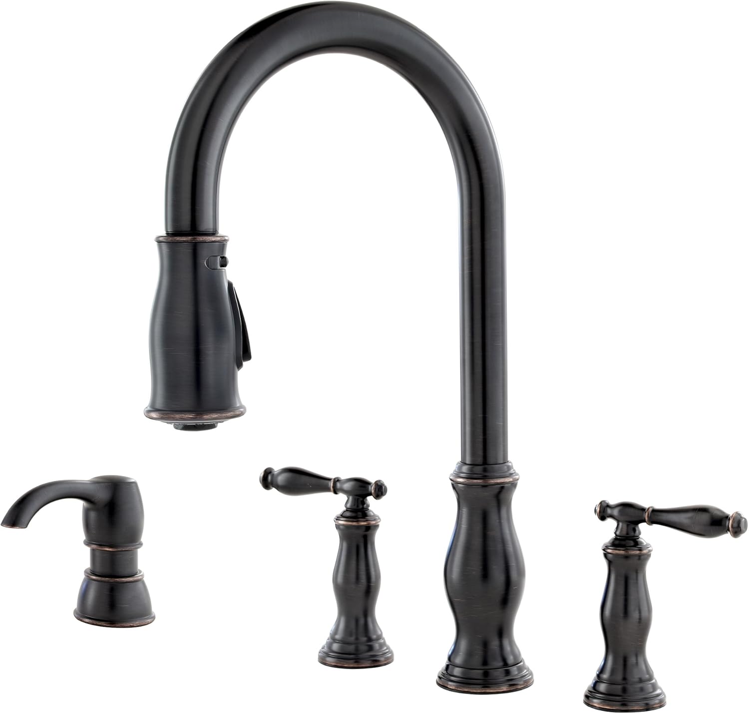 Pfister Hanover Kitchen Sink Faucet with Pull Down Sprayer and Soap Dispenser, 2-Handle High Arc Design, 4-Hole Installation, Tuscan Bronze Finish for Kitchen Sink F5314HNY
