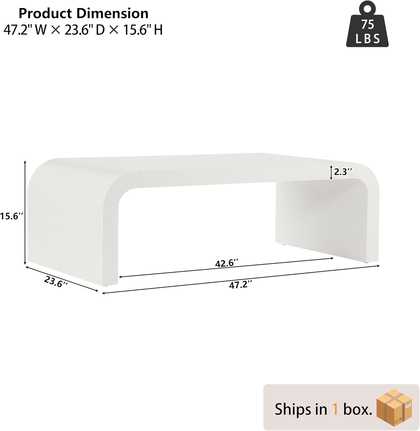 Modern Curved Coffee Table, 47.2'' Minimalist Waterfall Center Table with Open Design, Accent Table for Living Room & Apartments, Easy Assembly, White