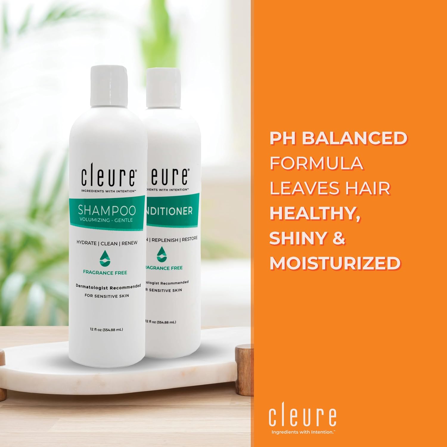 Cleure Shampoo and Conditioner Set Sulfate Free, Fragrance Free for Sensitive Skin - Volumizing Shampoo & Hydrating Conditioner (12 Oz each, Pack of 2)