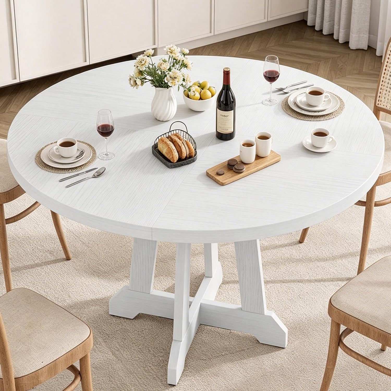 Garvee Round Dining Table for 4, 47 Inches Dining Room Table with Wooden Base, Kitchen Table with Circle Tabletop, Dinner Table for Dining Room, Kitchen, Living Room, White