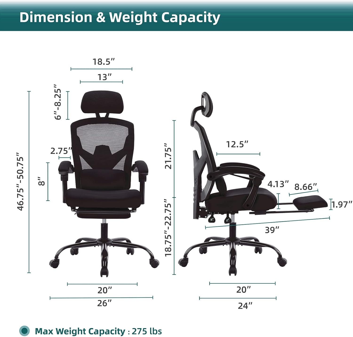 DUMOS Office Desk Computer Chair with Footrest, Ergonomic Mesh Swivel Gaming Chair with Rolling Wheels, Comfortable Headrest, Lumbar Support, Comfy for Home, Office, Task, Student, Inky