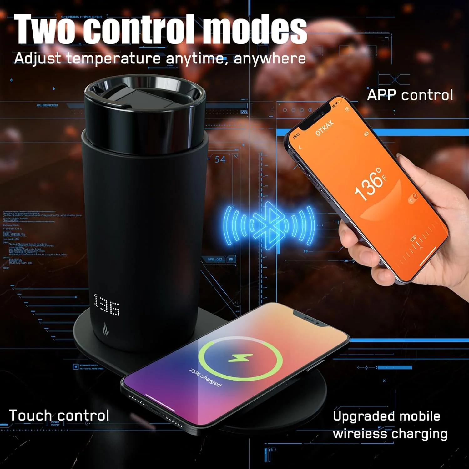 Temperature Control Heated Coffee Mug Smart Self Heating Travel Mug 12 Oz App Controlled Warmer Mug 5 Hour LED Display Keep Coffee Hot All Day up to 149℉ Fast Wireless Charger Base Black2.0