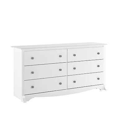 Prepac Monterey 6-drawer large dresser in Cherry full front view

Prepac Monterey 6-drawer large dresser in White full front view

Close-up of scalloped kick plate elegant design detail

Side moldings decorative detail close-up

Drawers open showing ample storage space

Roller glides and built-in safety stops demonstration

Dresser styled in classic bedroom setting