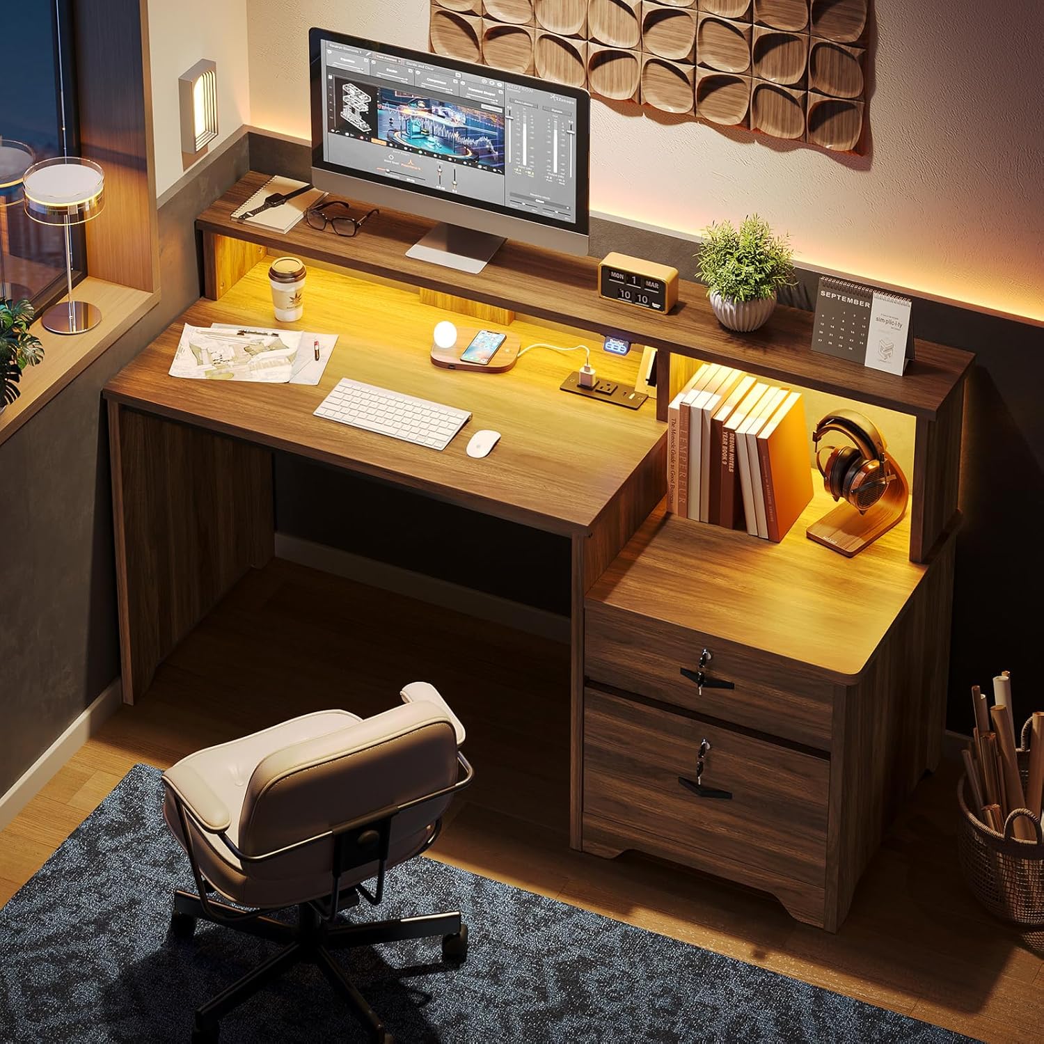 Bestier 55 Inch Wood Computer Desk with Lockable File Drawer, Charging Station & LED Lights - Home Office Desk with Storage Shelves, Printer Shelf & Monitor Stand, Wooden Desk for Study & Work, Walnut