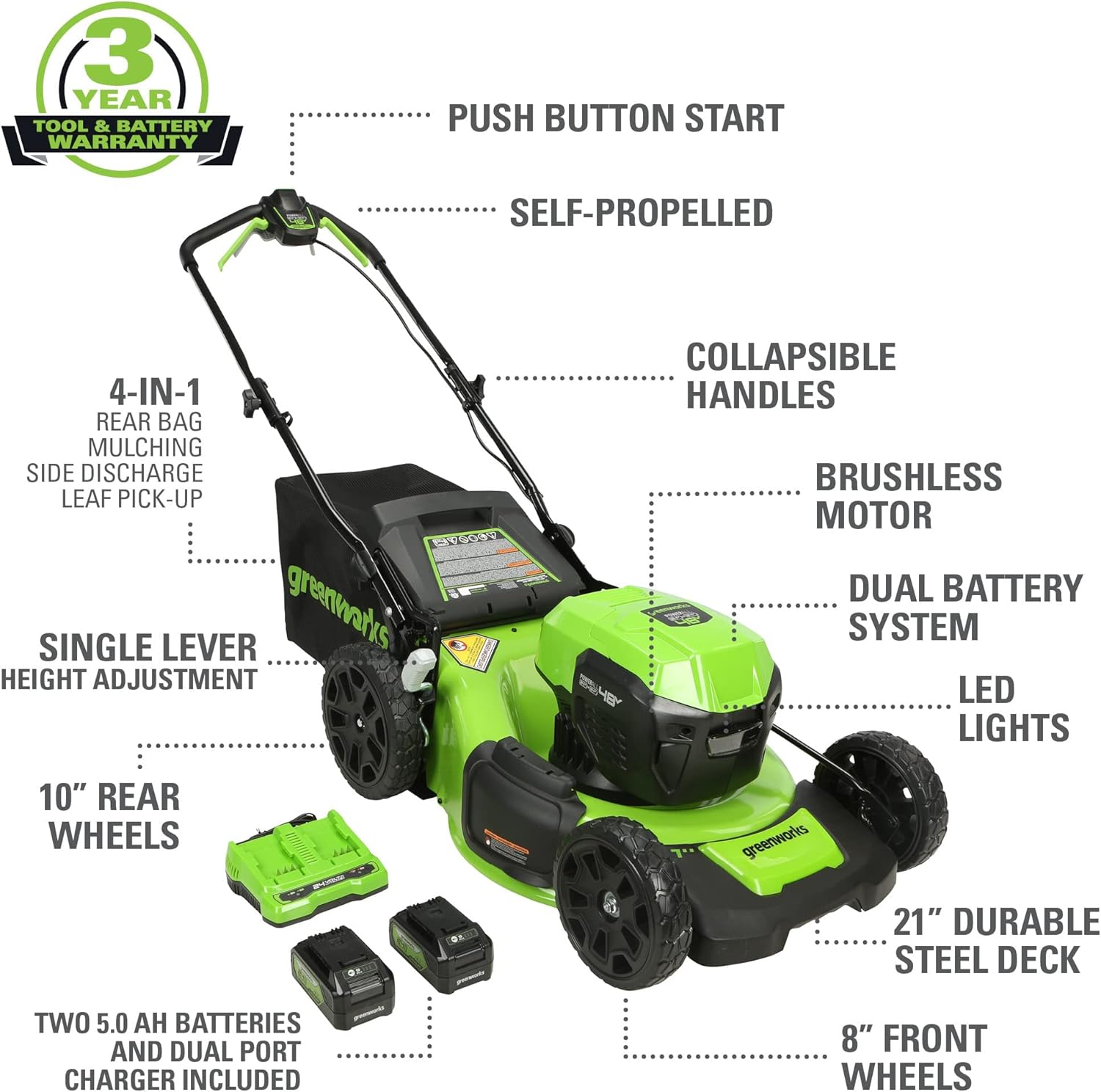 Greenworks 48V (24V x 2) High - Performance Cordless Yard Tool Combo: 21