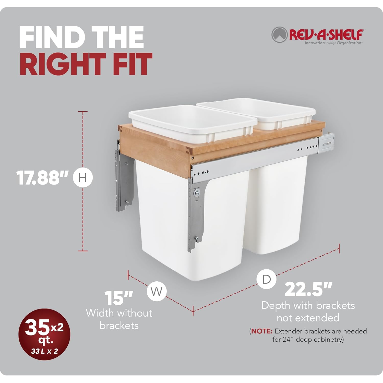 Rev-A-Shelf Top Mount Double Pullout Under Cabinet 35 Quart Kitchen Trash Cans with 150 Pound Rated Full-Extension Slides, 4WCTM-18DM2