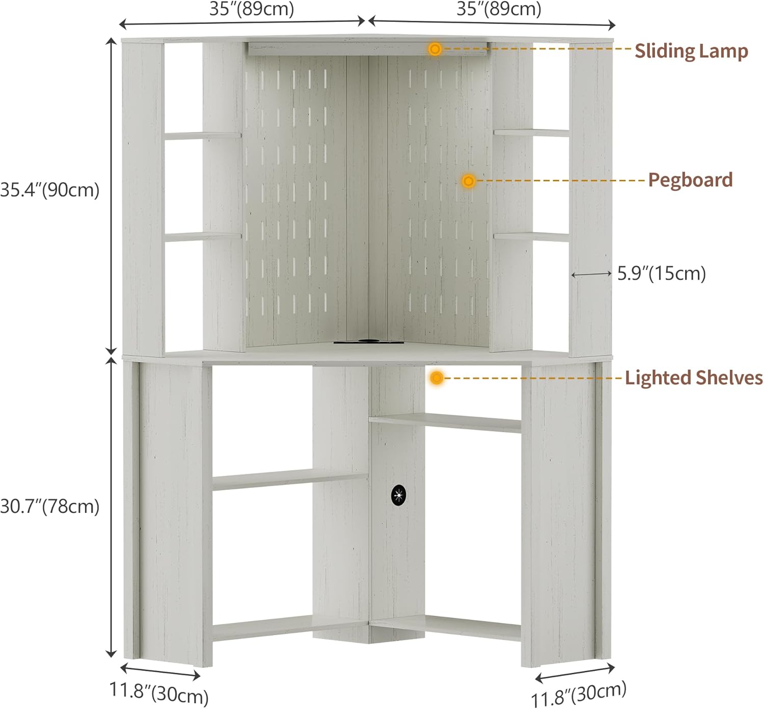 Corner Desk with Shelves-&LED Reading Light,Triangle Home Office Desk w/Charging Station for Work & Study,File Cabinet Storage Bookshelf for Small Space (White)