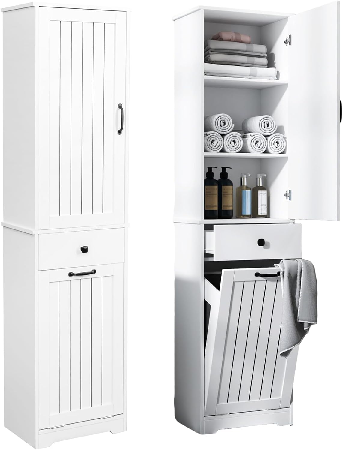 Tall Bathroom Storage Cabinet, Laundry Cabinet with Storage Shelf, Drawer, and Basket, Tilt Out Laundry Hamper, Narrow Storage Unit, for Bathroom, Living Room, Entryway, Kitchen (White)