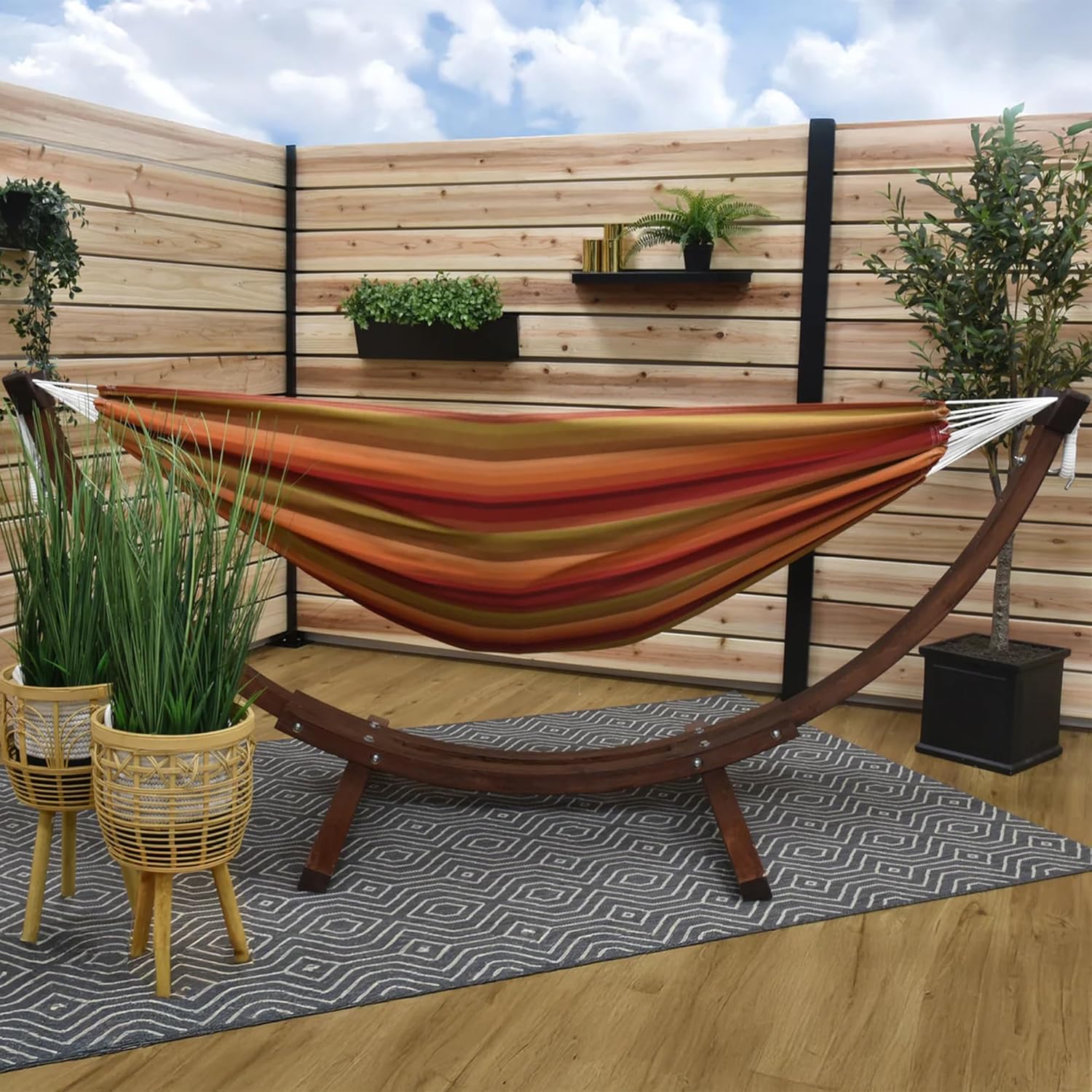 Vivere Fade and Weather-Resitant Brazilian Hammock with Solid Pine Arc Stand - 450 lb Weight Capacity