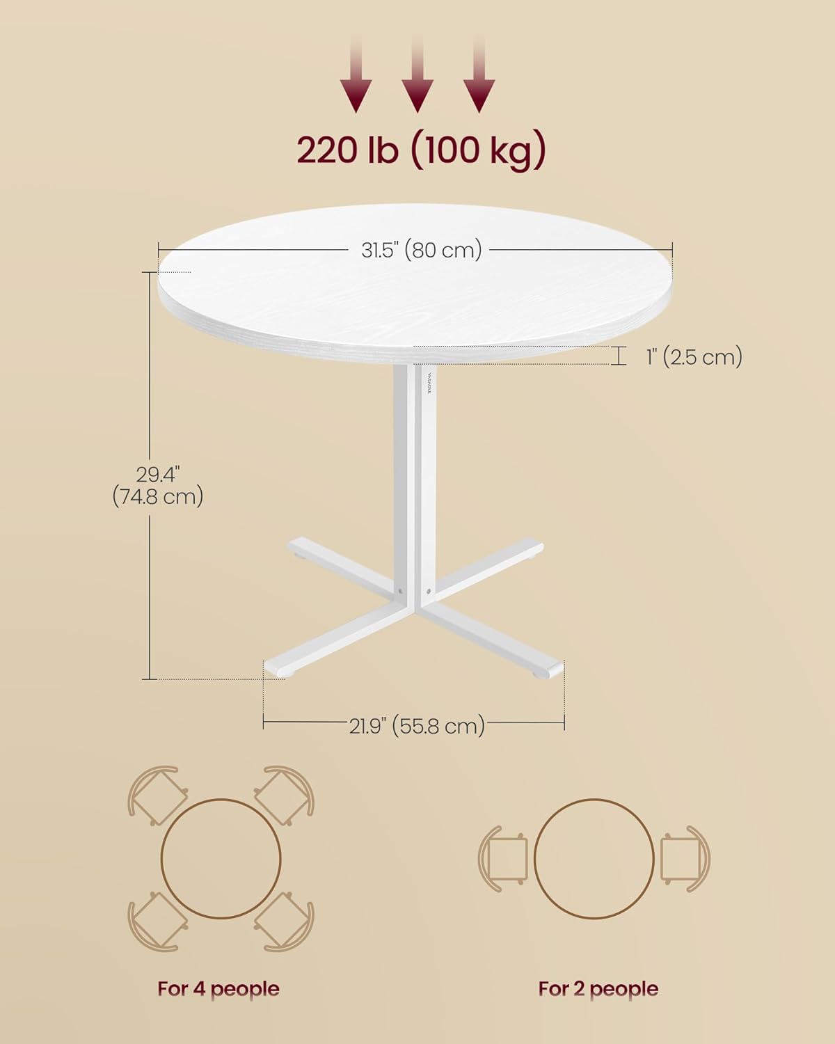 VASAGLE Dining Table, Small Round Kitchen Table for 4 People, 31.5 x 29.4 Inches, for Dining Room, Living Room, Farmhouse, Water-Resistant, Snow White UKDT082W01V1