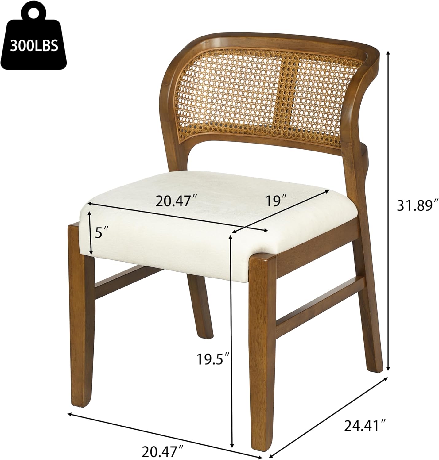 Christopher Knight Home Cayde Upholstered Dining Chairs Set of 2, Kitchen Side Chair with Cane Backrest, Rubberwood Dining Room Chair, Extra Seat for Living Room, Walnut+Beige