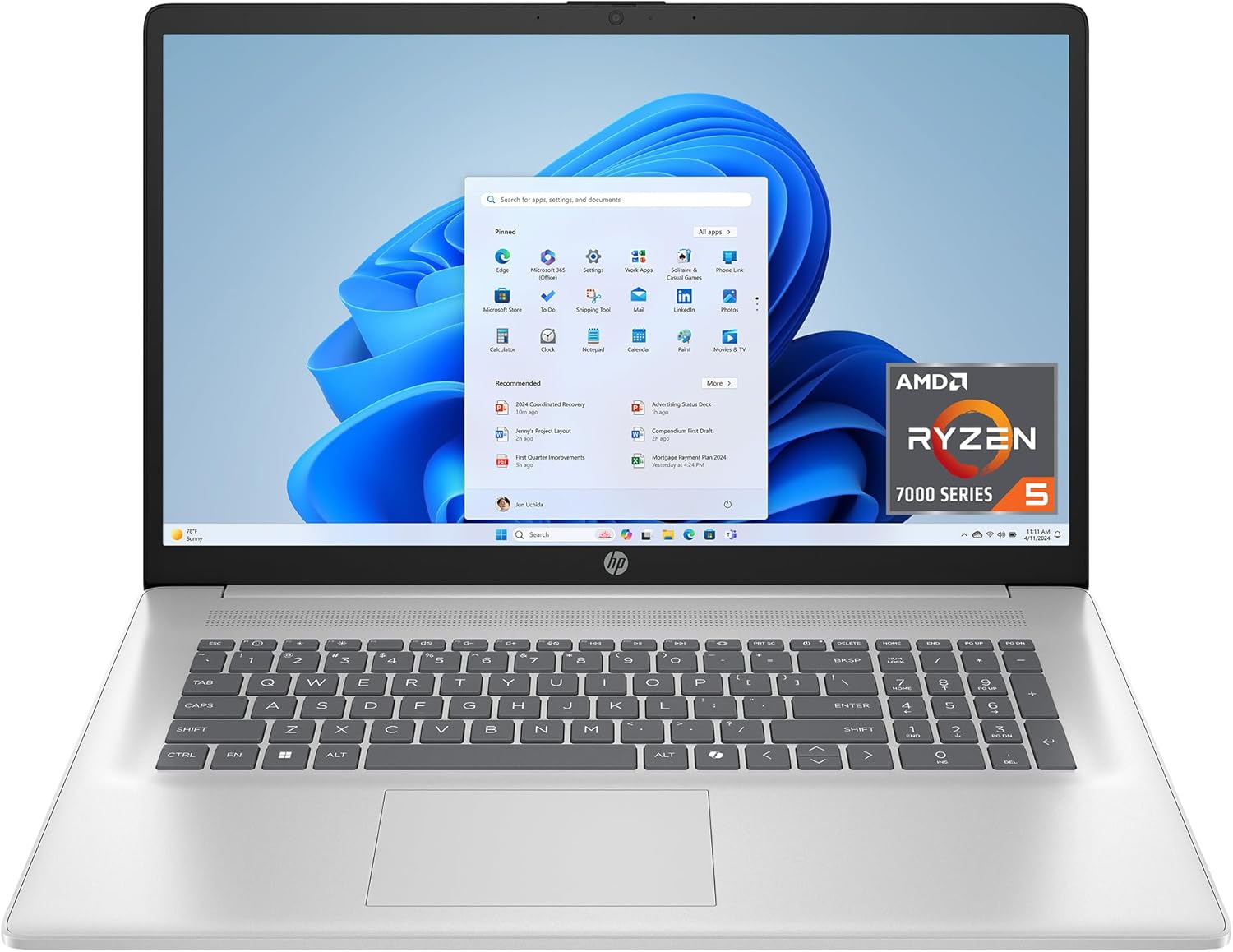 HP 17.3 inch Laptop, HD+ Display, AMD Ryzen 5 7520U, 16 GB RAM, 512 GB SSD, AMD Radeon Graphics, Windows 11 Home, Natural Silver, 17-cp2199nr