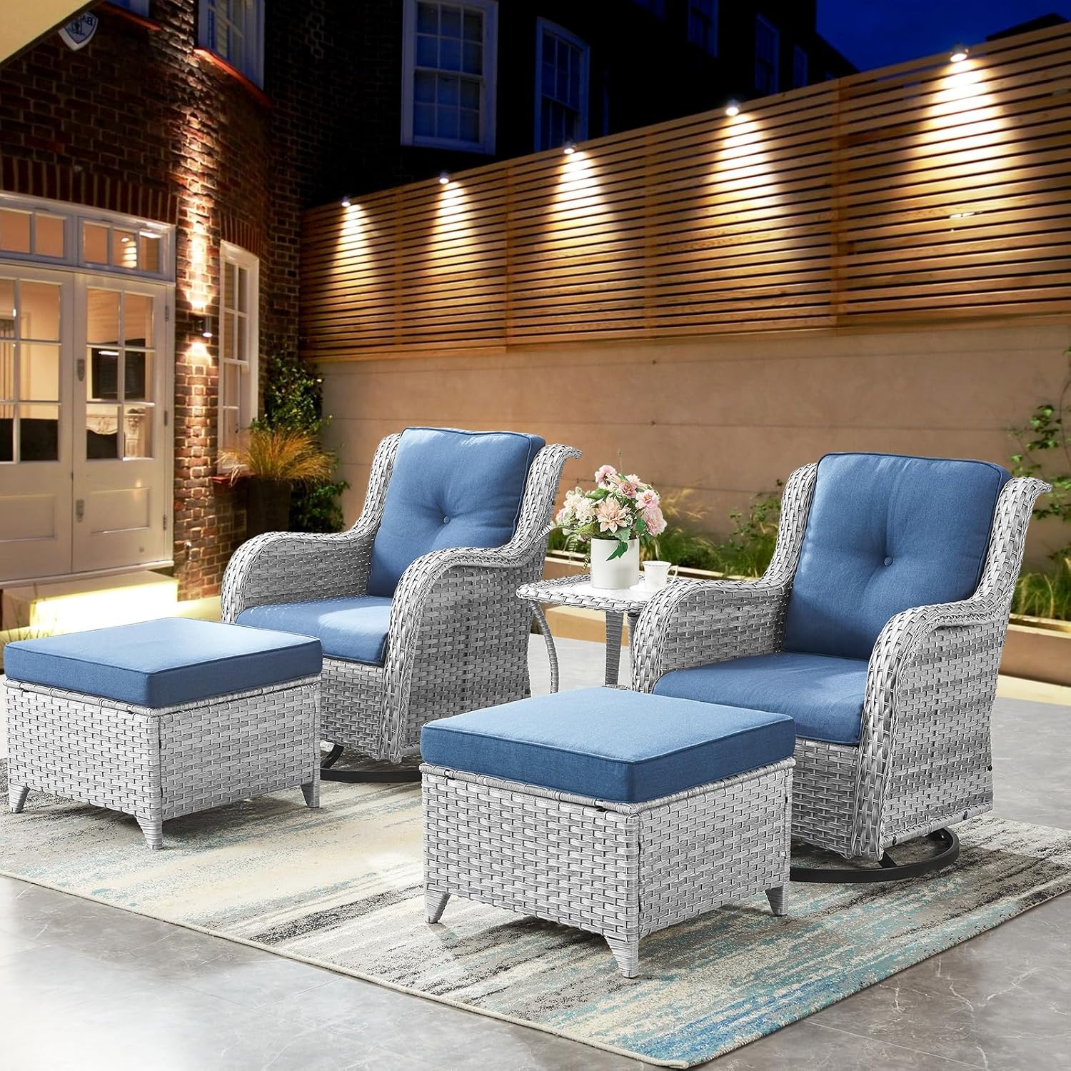 5 Piece Patio Swivel Rocker Furniture Set: Outdoor Swivel Glider Wicker Chairs with Ottomans Side Table, Outdoor Furniture Rocking Seating Set for Porch Balcony Garden, Light Grey
