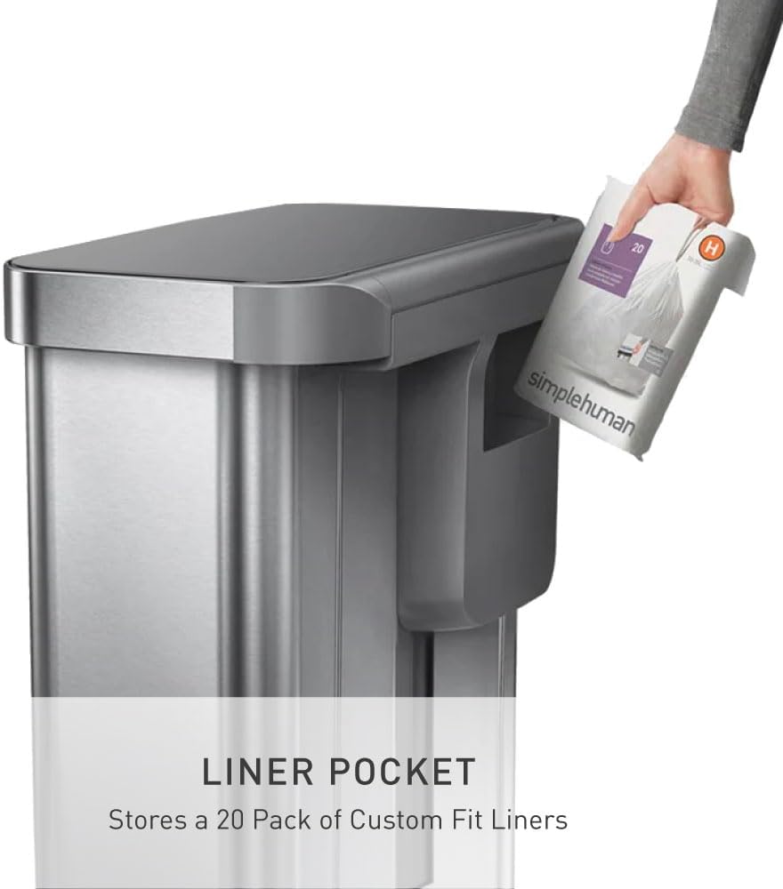 simplehuman Rectangular Step Can, 45L / 12 Gallon Kitchen Trash Can, Liner Rim System, Liner Pocket®, 150,000-Step Pedal, Lid Shox® Silent Close, Brushed Stainless Steel with Grey Plastic Lid