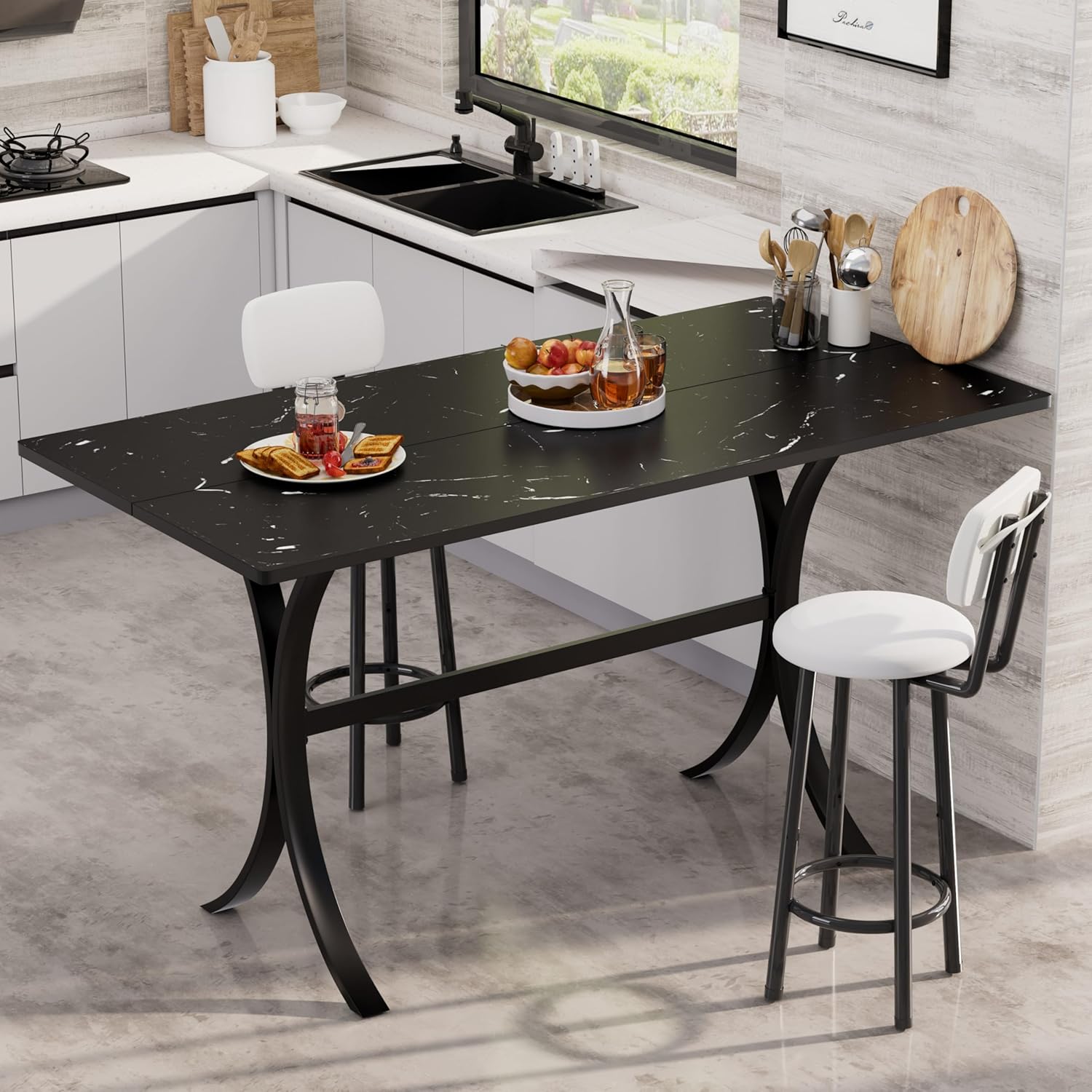 63-Inch Rectangle Bar Table, Modern Counter Height Pub Table with a Faux Marble Tabletop and Sturdy Metal Frame, Industrial Kitchen Dining Table for Home, Bar, Apartment
