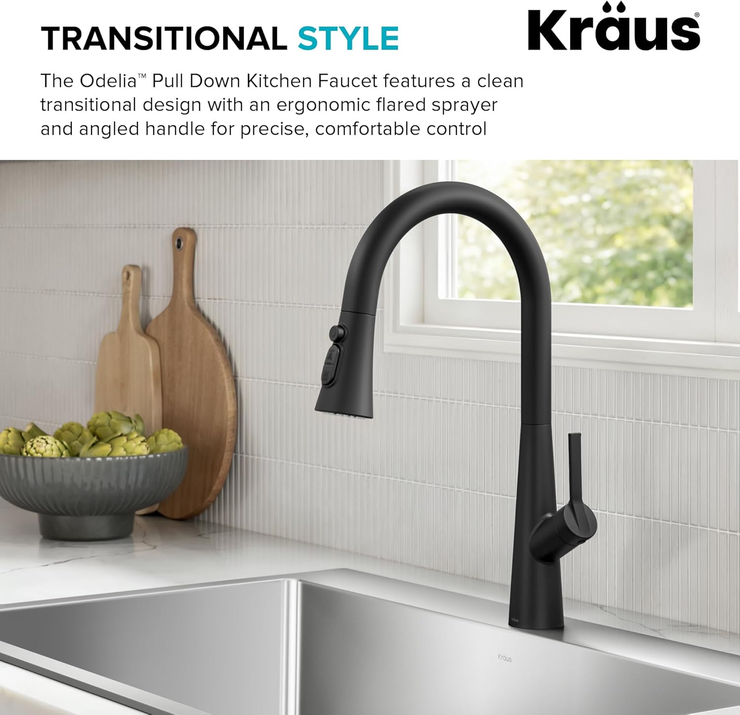 KRAUS Odelia 4-Function Single Handle Pull Down Kitchen Faucet in Matte Black with CleanSweep Blade Spray, KPF-3220MB