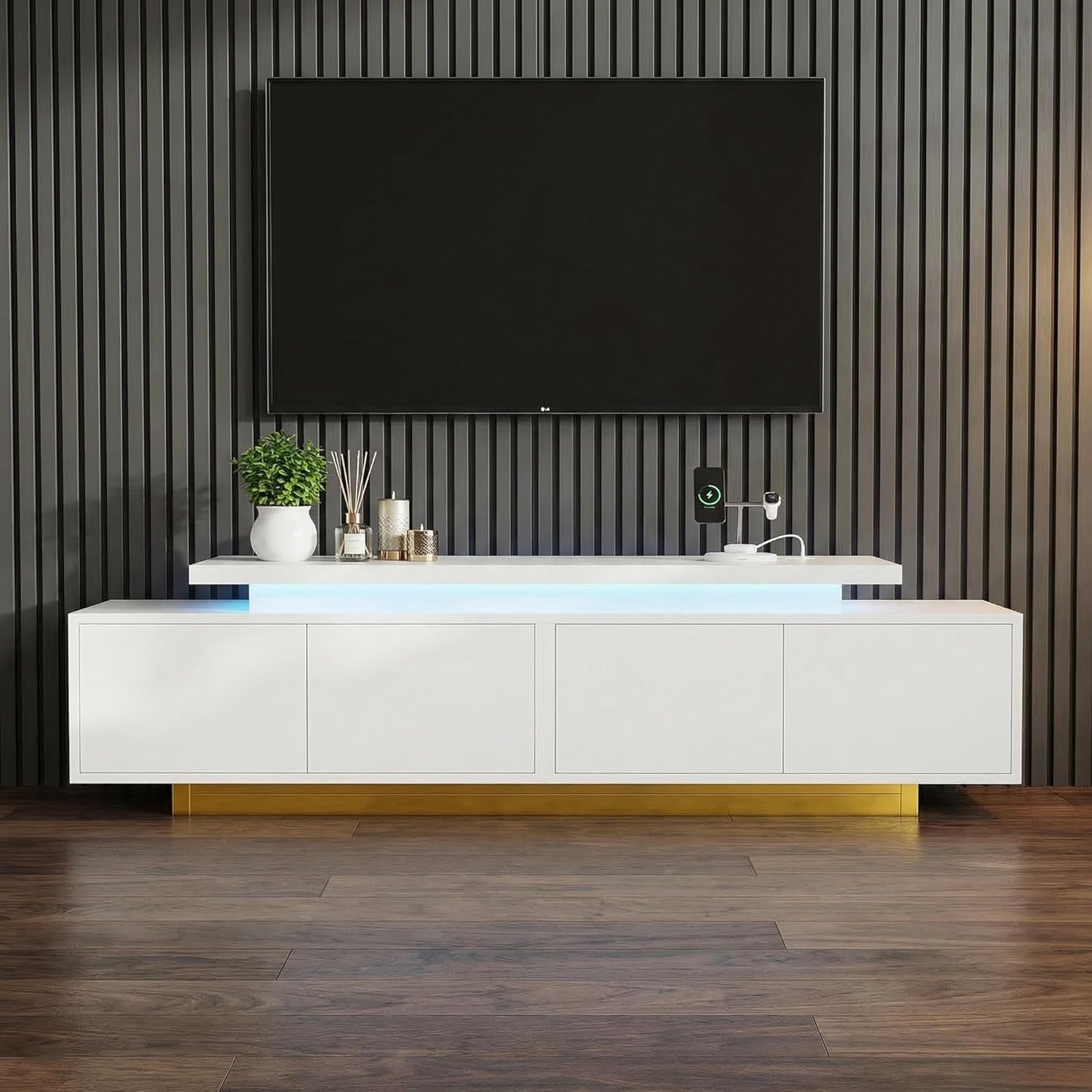LIKIMIO Extendable TV Stand for 65-90 Inches TVs, Adjustable Length 63''-94.5'', Modern White Entertainment Center with Storage Cabinets, Charging Station & LED Lights, Media Console for Living Room