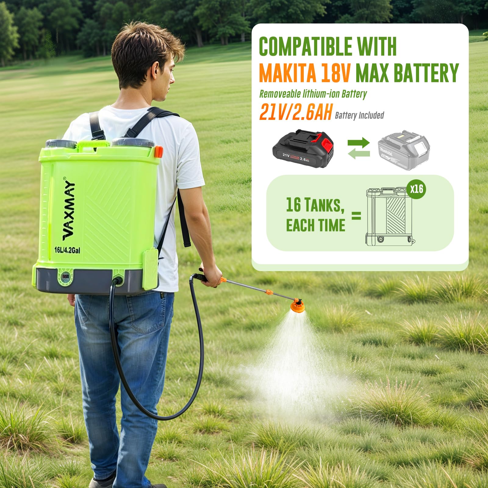 VAXMAY Battery Powered 4 Gallon Backpack Sprayer, 100 PSI