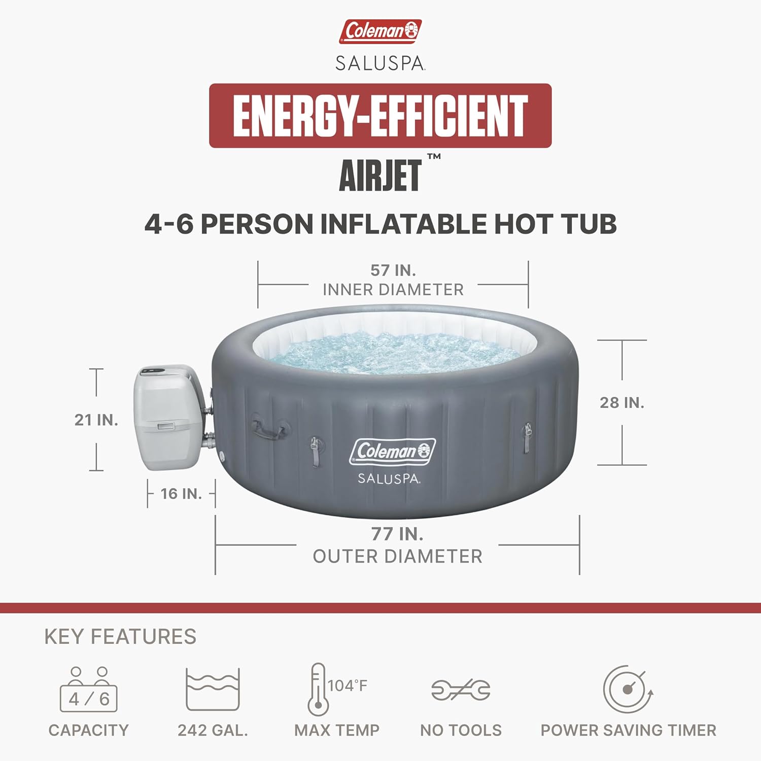 Coleman SaluSpa 4 to 6 Person Inflatable Hot Tub, Round Energy-Efficient Portable Outdoor Spa with 140 AirJets, 77