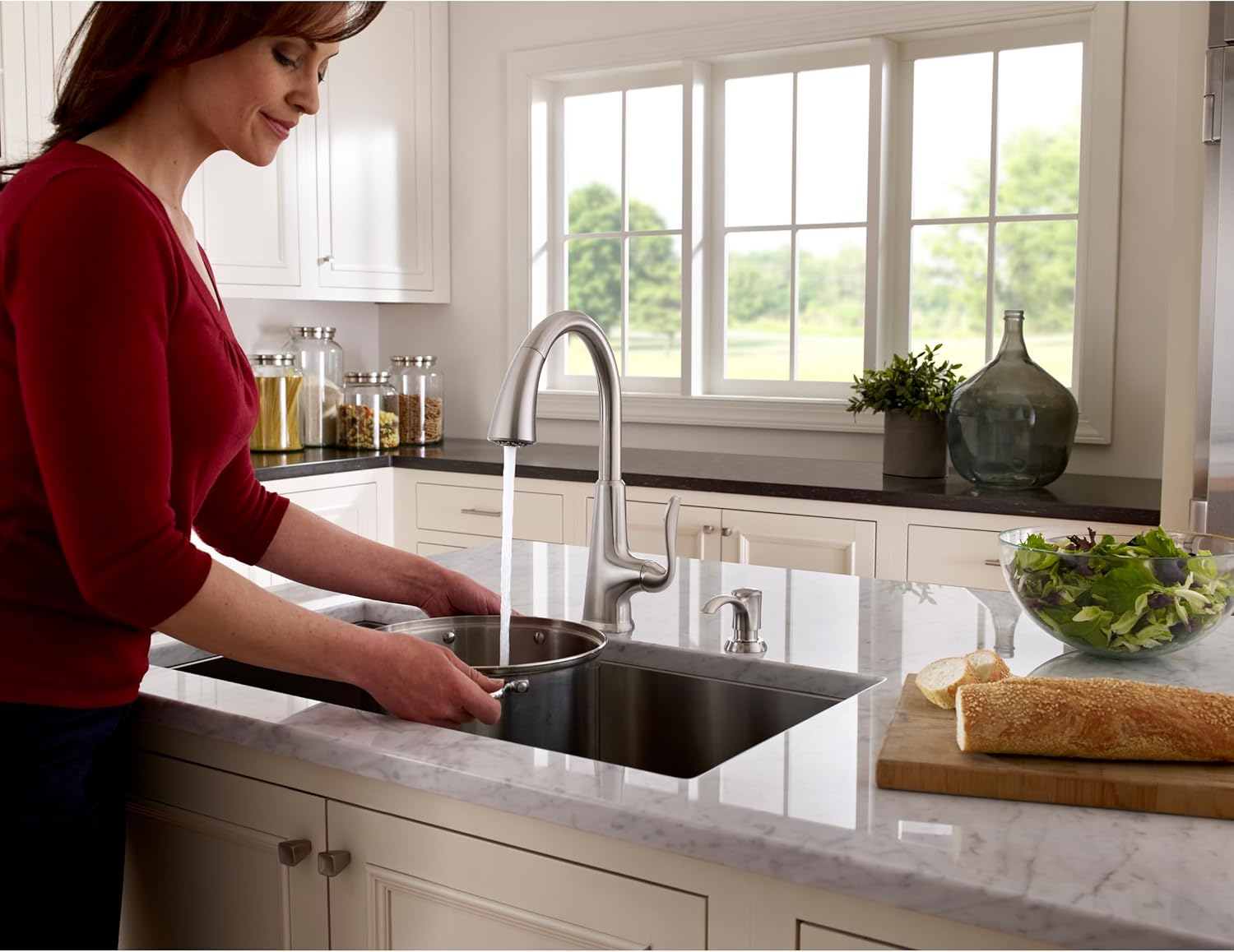 Pfister Pasadena Kitchen Faucet with Pull Down Sprayer and Soap Dispenser, Single Handle, High Arc, NSF Certified, Stainless Steel Finish, F5297PDS