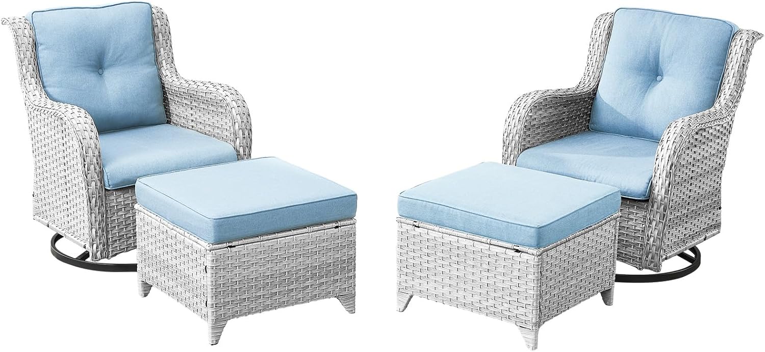 4 Piece Patio Swivel Rocker Furniture Set: Outdoor Swivel Glider Wicker Chairs with Ottomans, All Weather Rattan Outdoor Furniture Rocking Seating Set for Porch Balcony, Light Grey