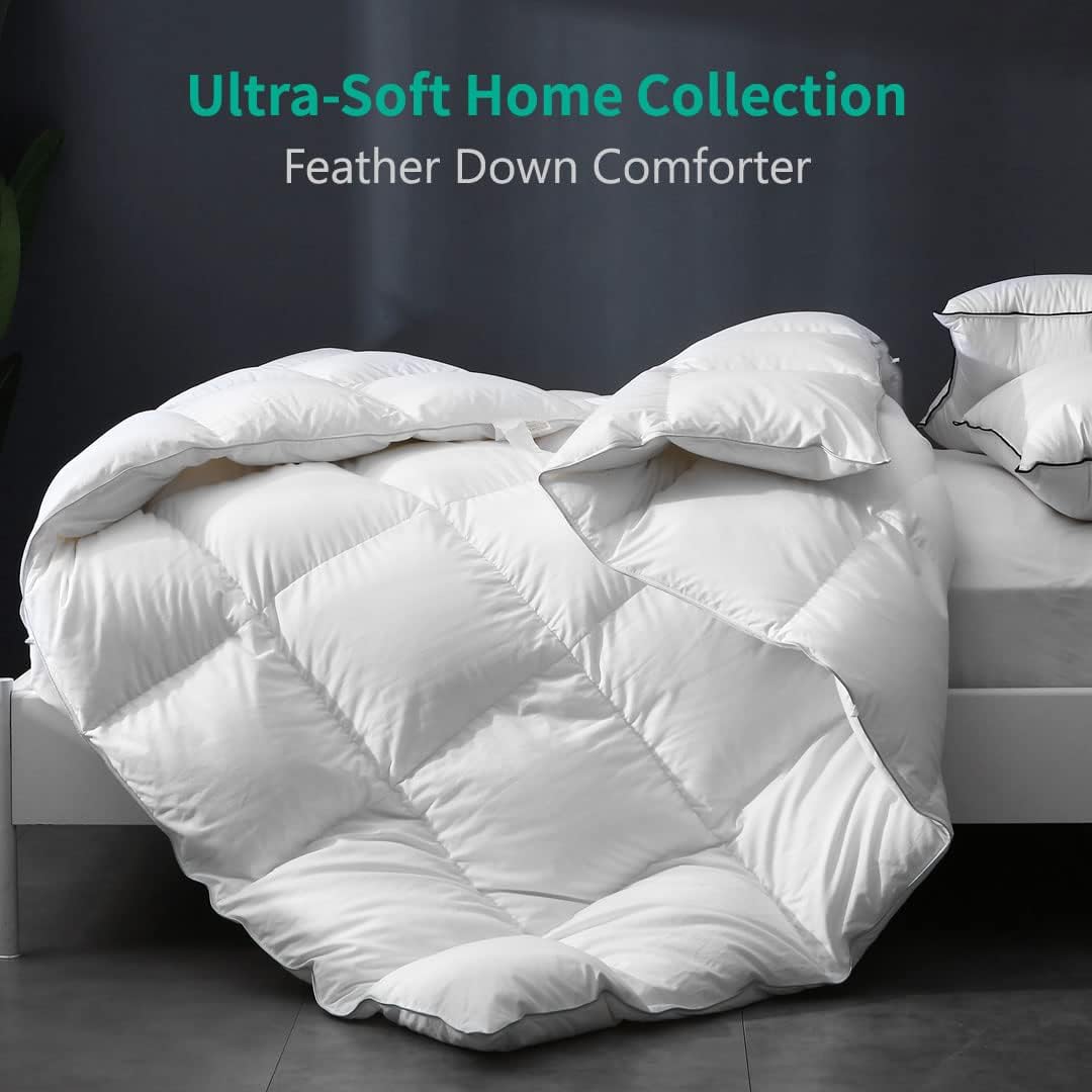 APSMILE Luxury All Season Down Feather Fibers Comforter Full/Queen Size Duvet Insert - 100% Organic Cotton, High Fill Power Medium Warmth, (Ivory White, 90X90)