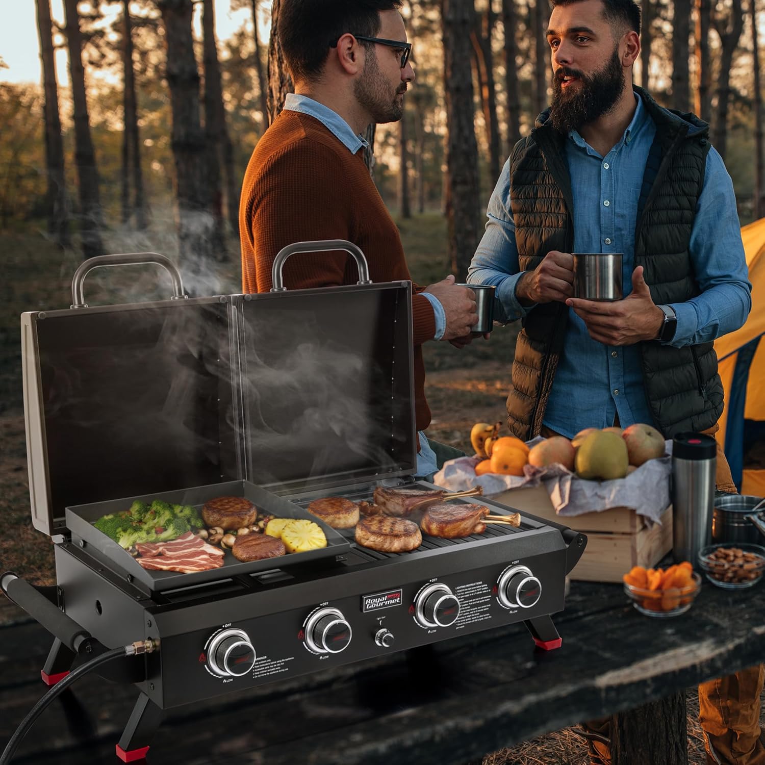 Royal Gourmet GD4002TP 4 Burner Propane Gas Grill and Griddle Combo with Hood, 2-in-1 Portable Grill Griddle Combo with 40,000 BTUs Output for Camping, Tailgating, Backyard, Black